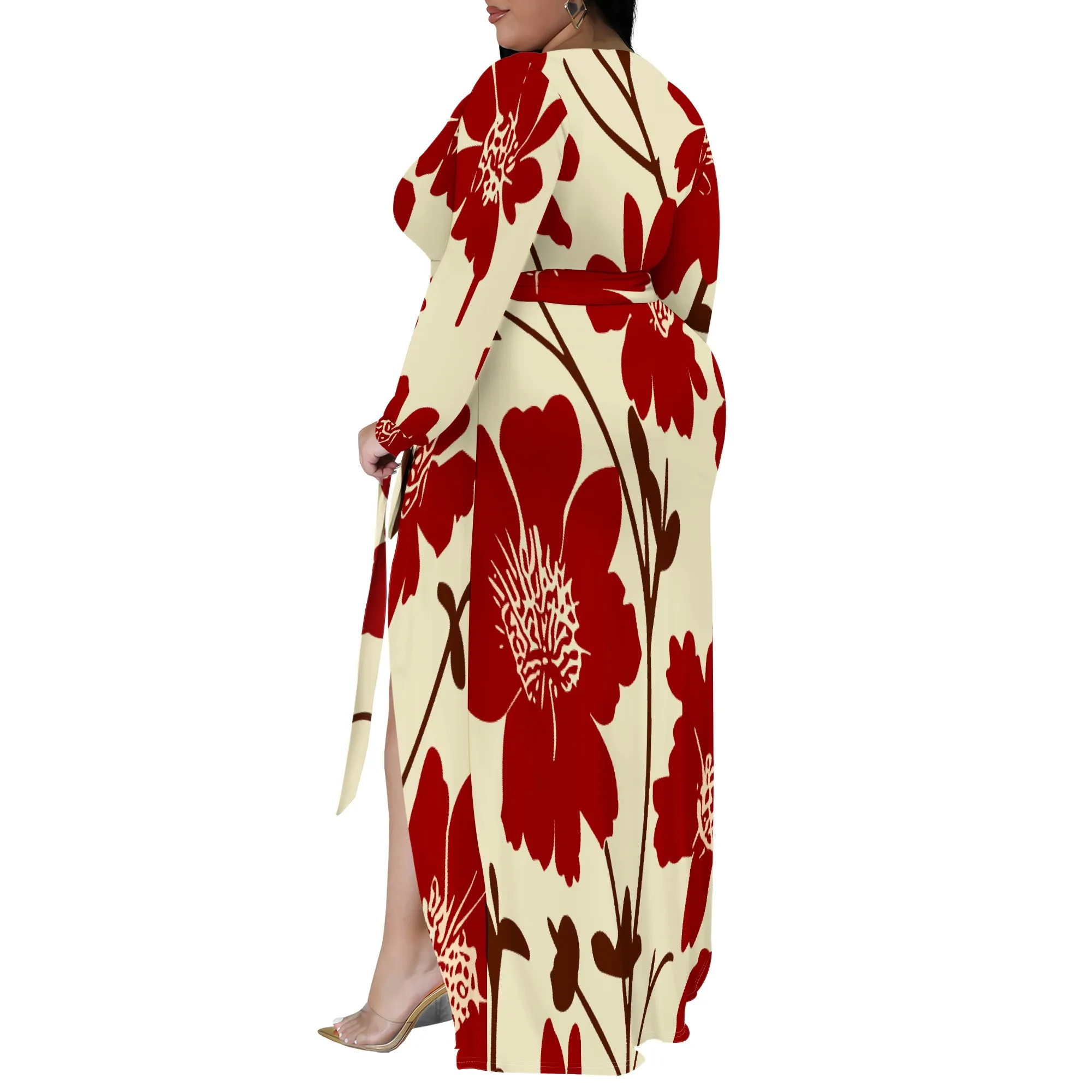 Long Sleeve V Neck One-side Slit Maxi Dress XL-6XL