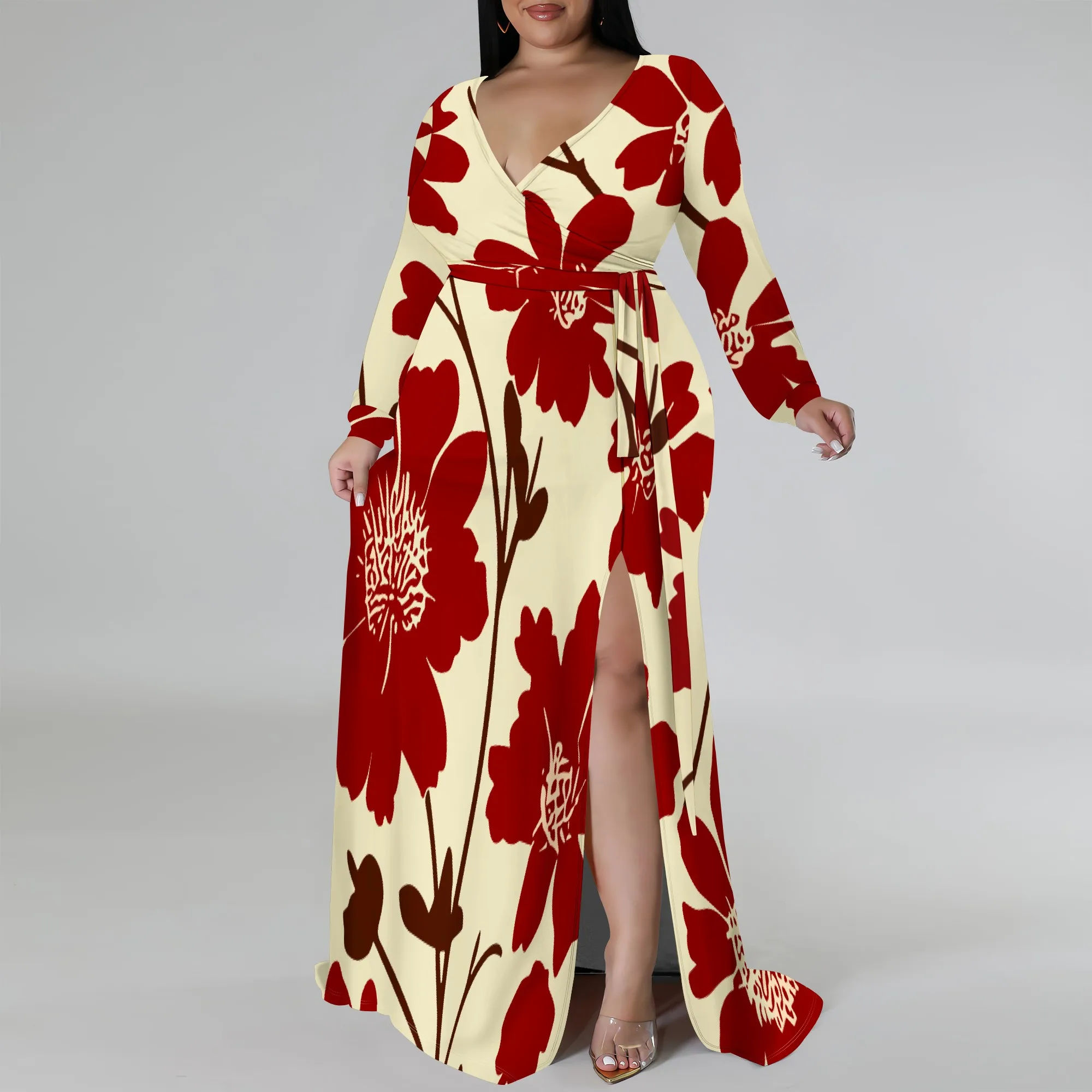 Long Sleeve V Neck One-side Slit Maxi Dress XL-6XL