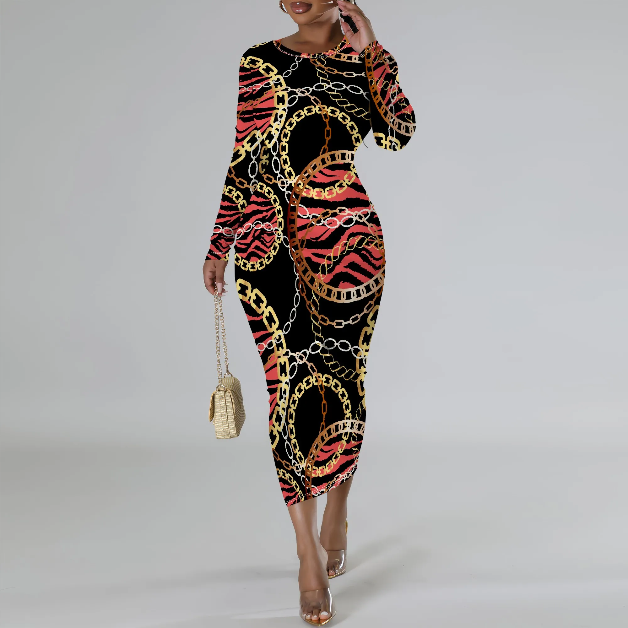 Plus Size Chain Tiger Print Long Sleeve Bodycon Dress - Women's Fierce Trendy Party Date Night Workwear Plus Size Chain Tiger Print Long Sleeve Bodycon Dress - Women's Fierce Trendy Party Date Night Workwear