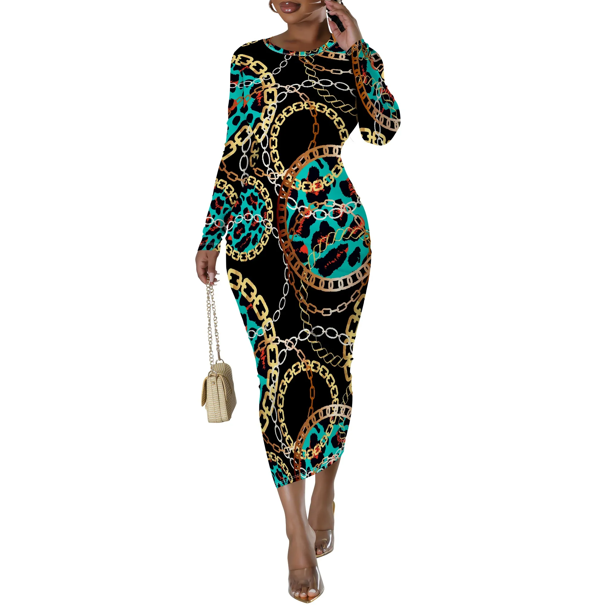 Plus Size Chain Tiger Print Long Sleeve Bodycon Dress - Women's Fierce Trendy Party Date Night Workwear Plus Size Chain Tiger Print Long Sleeve Bodycon Dress - Women's Fierce Trendy Party Date Night Workwear