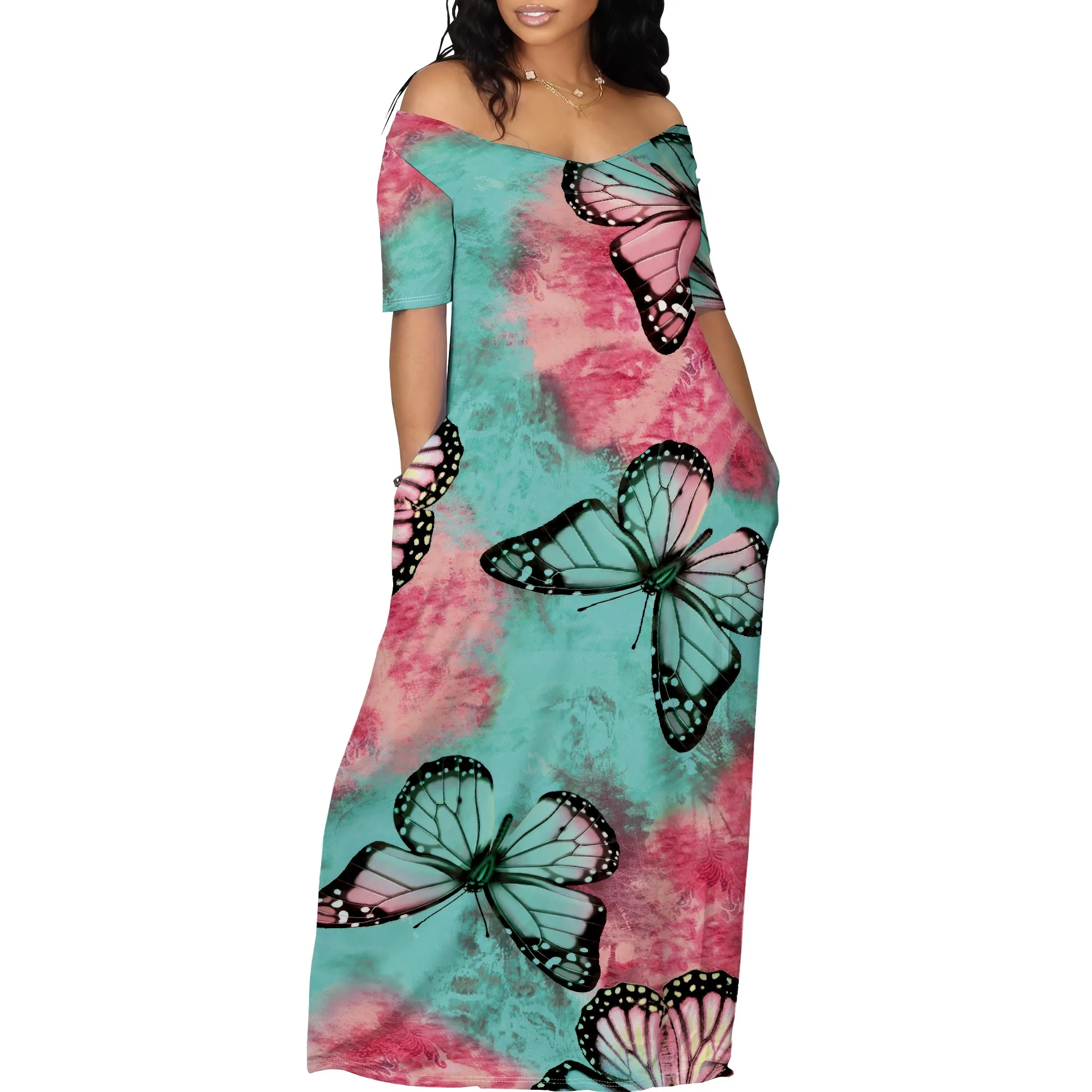 Women's Off Shoulder Maxi Dress Summer Casual Short Sleeve Long Flowy Dresses for Cocktail Women's Off Shoulder Maxi Dress Summer Casual Short Sleeve Long Flowy Dresses for Cocktail