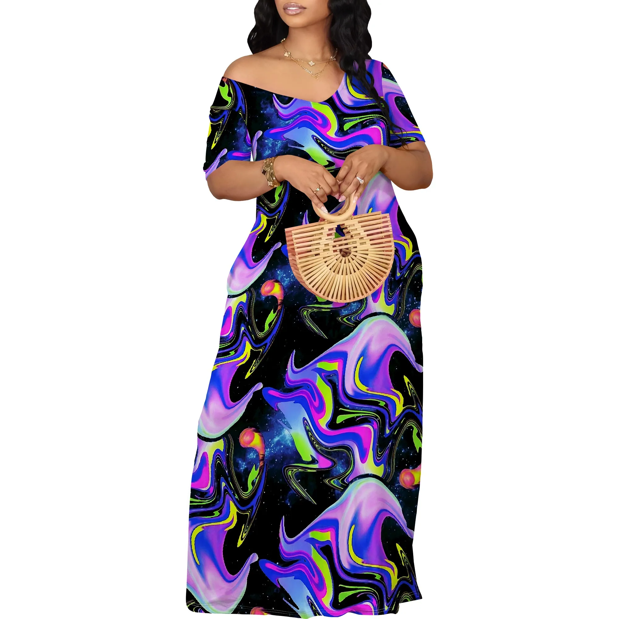 Women's Off Shoulder Maxi Dress Summer Casual Short Sleeve Long Flowy Dresses for Cocktail Women's Off Shoulder Maxi Dress Summer Casual Short Sleeve Long Flowy Dresses for Cocktail