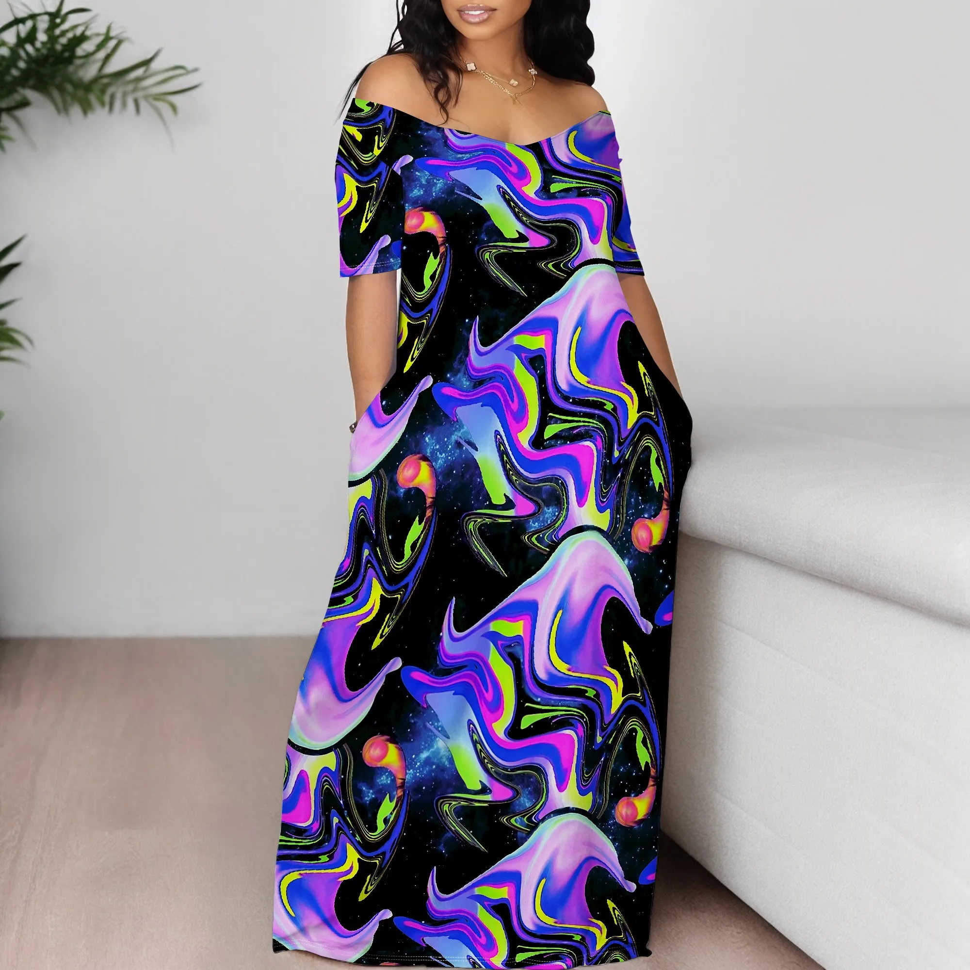 Women's Off Shoulder Maxi Dress Summer Casual Short Sleeve Long Flowy Dresses for Cocktail Women's Off Shoulder Maxi Dress Summer Casual Short Sleeve Long Flowy Dresses for Cocktail