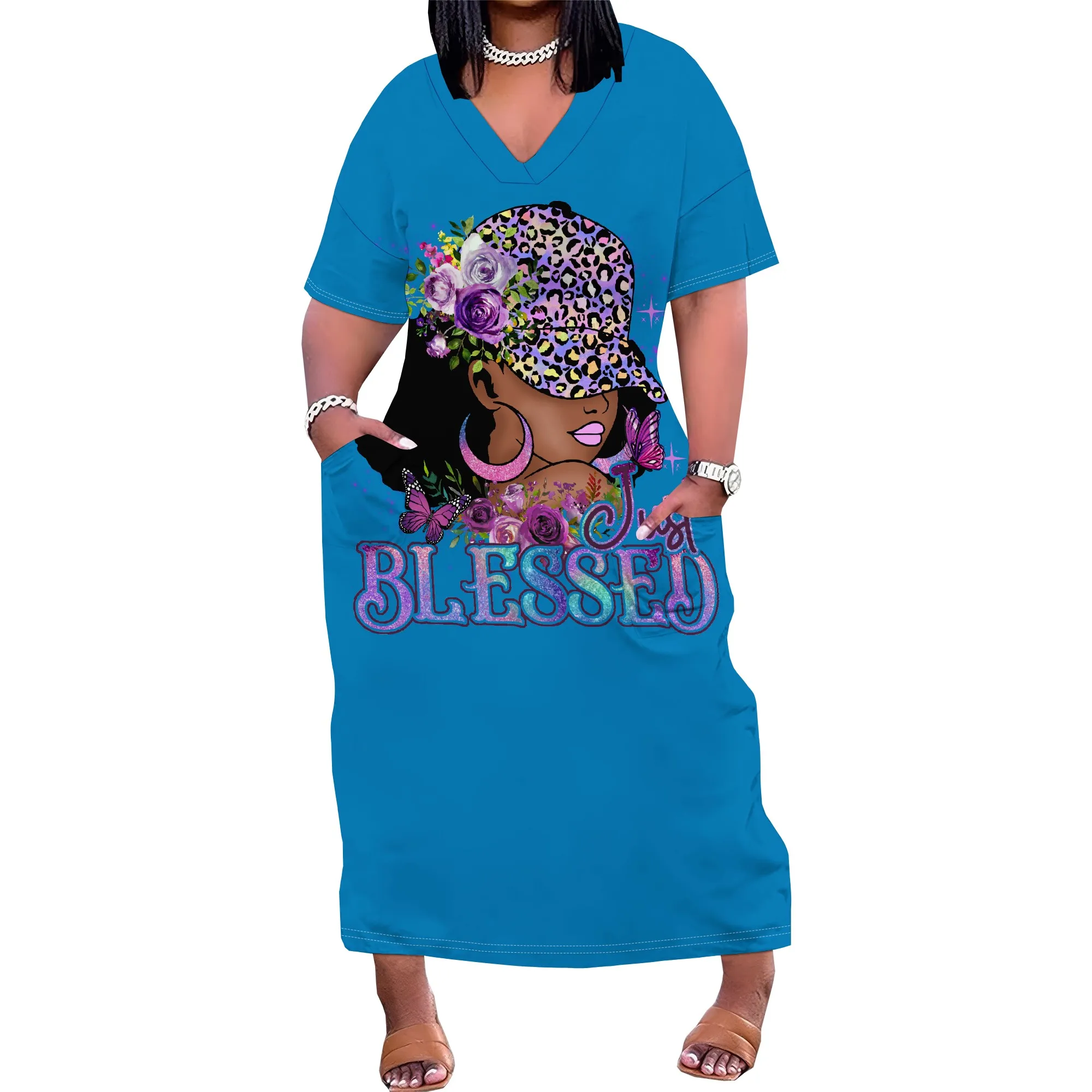 Plus Size Melanin Queen Graphic V Neck Dress Black Girl Magic Juneteenth Dress
