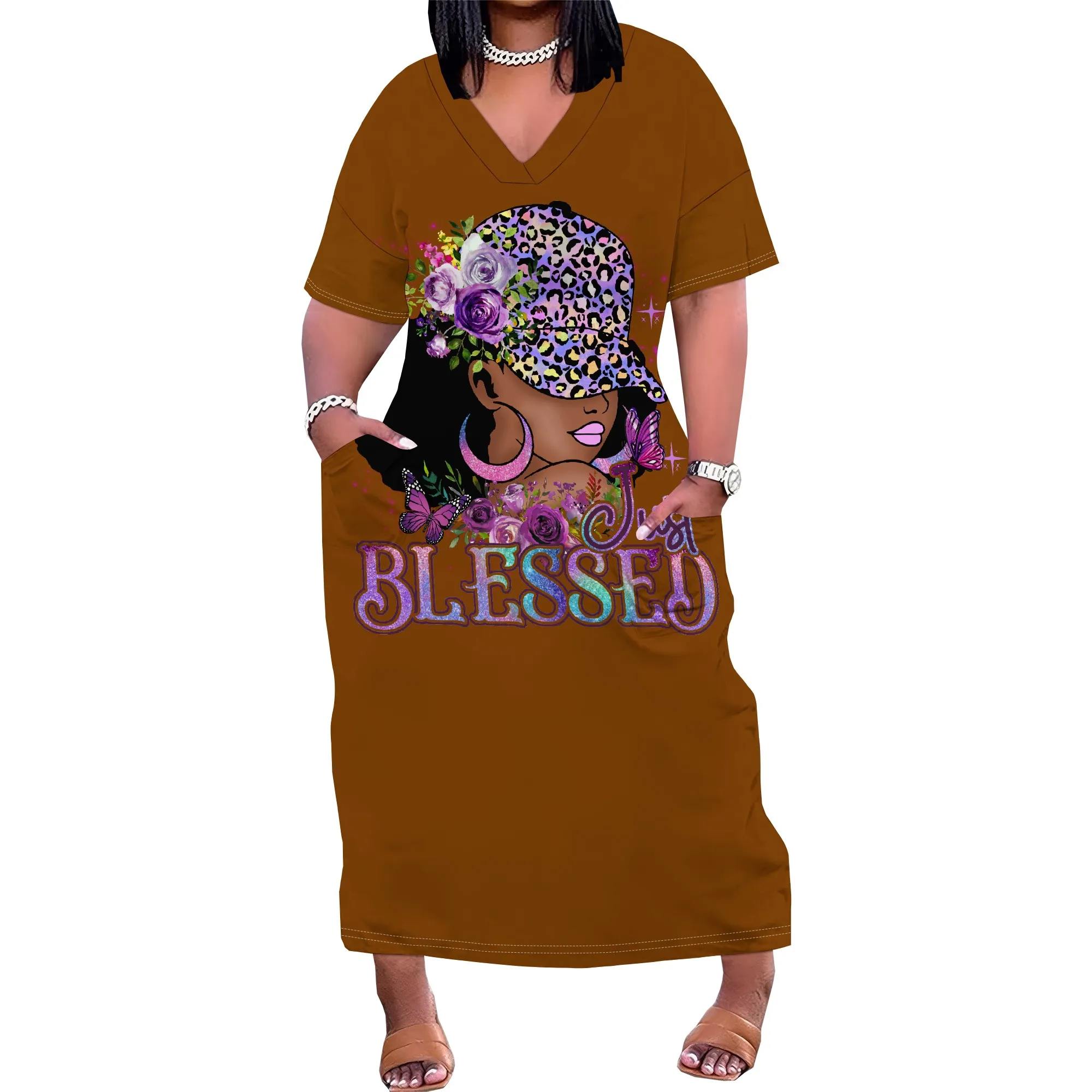 Plus Size Melanin Queen Graphic V Neck Dress Black Girl Magic Juneteenth Dress
