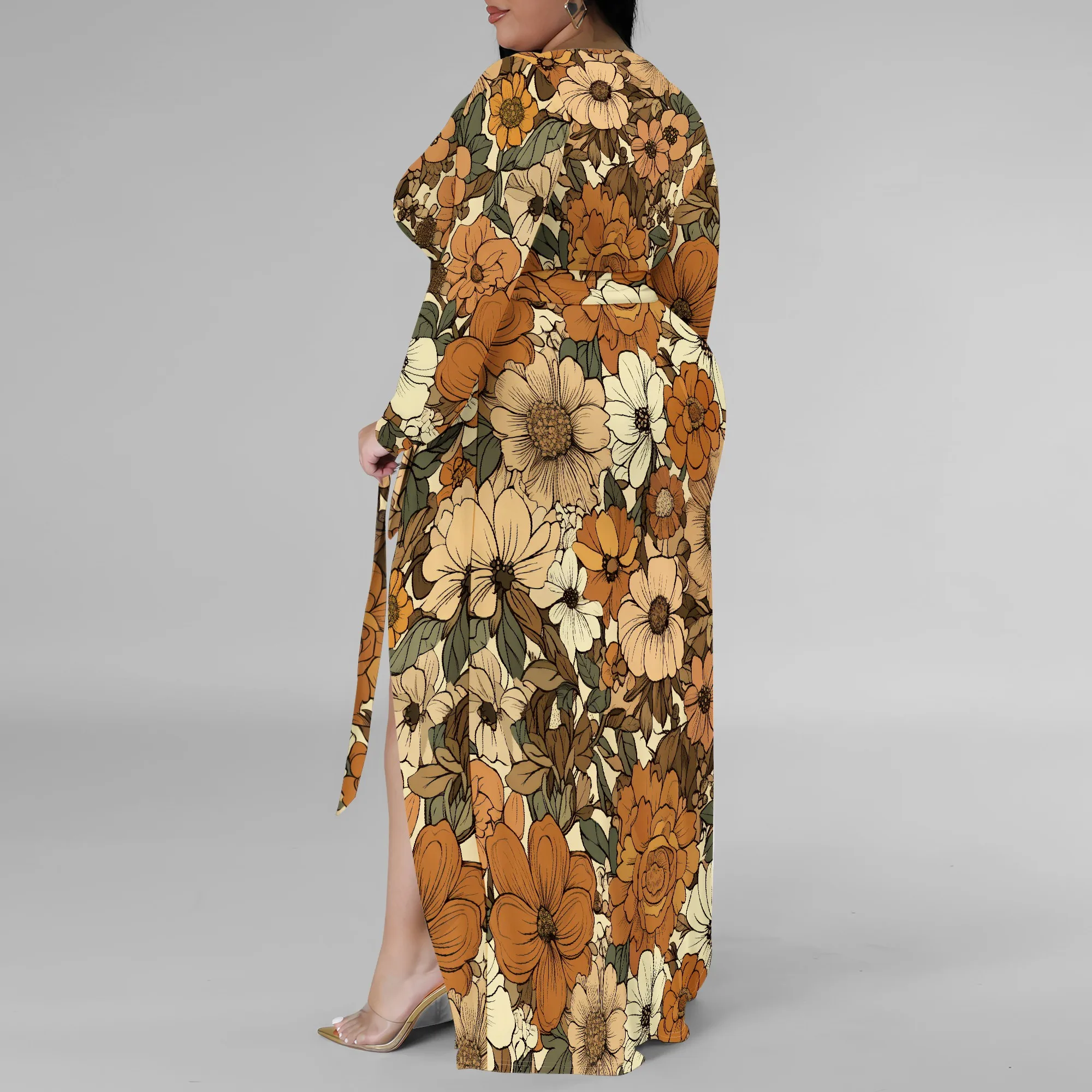 Plus Size Dress for Curvy Women V Neck Long Sleeve Maxi Dress Slit Wedding Guest Dress with Belt