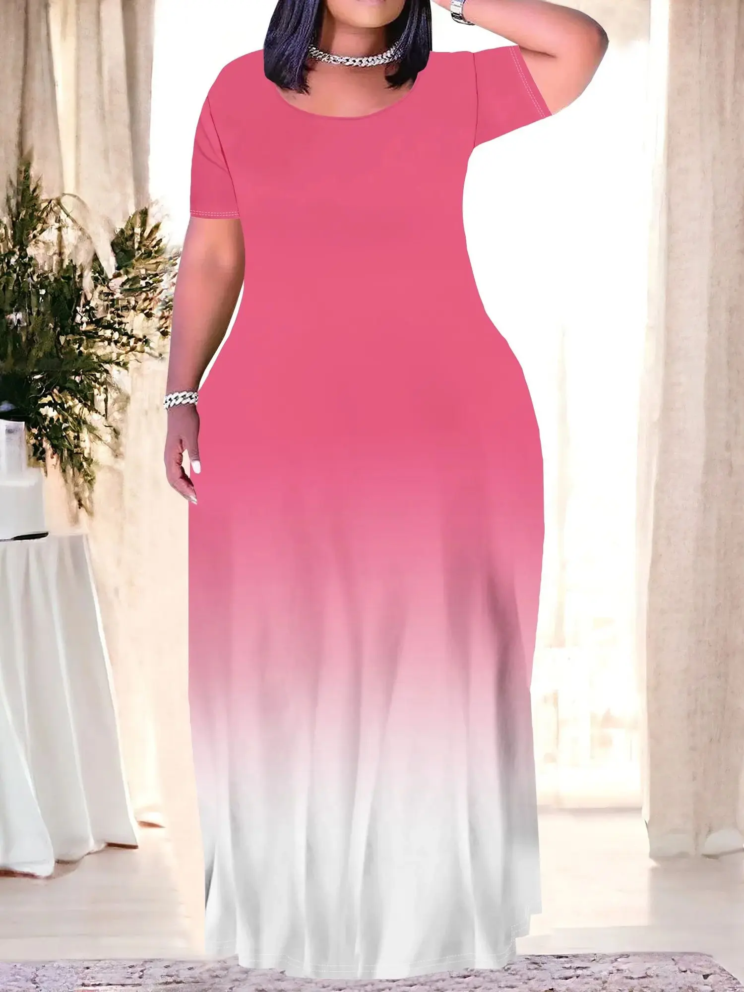 Women's Plus Size Gradient Color Maxi Dresses Short Sleeve Sundress Summer T-Shirt Beach Long Dress with Pockets Women's Plus Size Gradient Color Maxi Dresses Short Sleeve Sundress Summer T-Shirt Beach Long Dress with Pockets