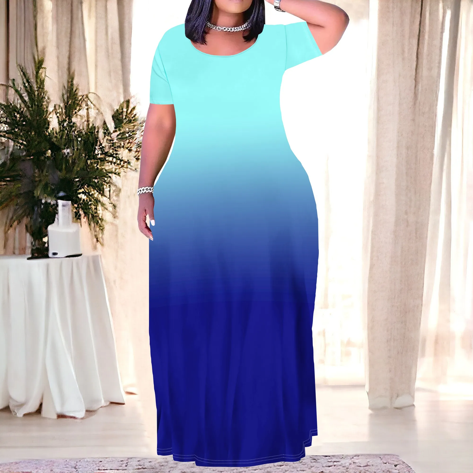 Women’s Plus Size Gradient Color Maxi Dresses Short Sleeve Sundress Summer T-Shirt Beach Long Dress with Pockets Women's Plus Size Gradient Color Maxi Dresses Short Sleeve Sundress Summer T-Shirt Beach Long Dress with Pockets
