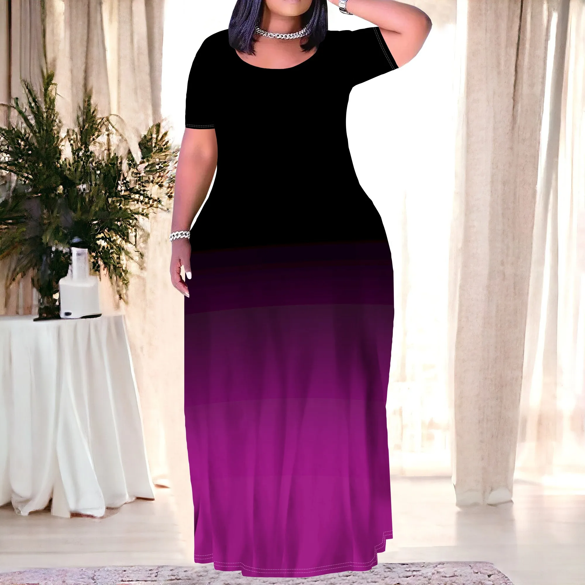 Women’s Plus Size Gradient Color Maxi Dresses Short Sleeve Sundress Summer T-Shirt Beach Long Dress with Pockets Women's Plus Size Gradient Color Maxi Dresses Short Sleeve Sundress Summer T-Shirt Beach Long Dress with Pockets