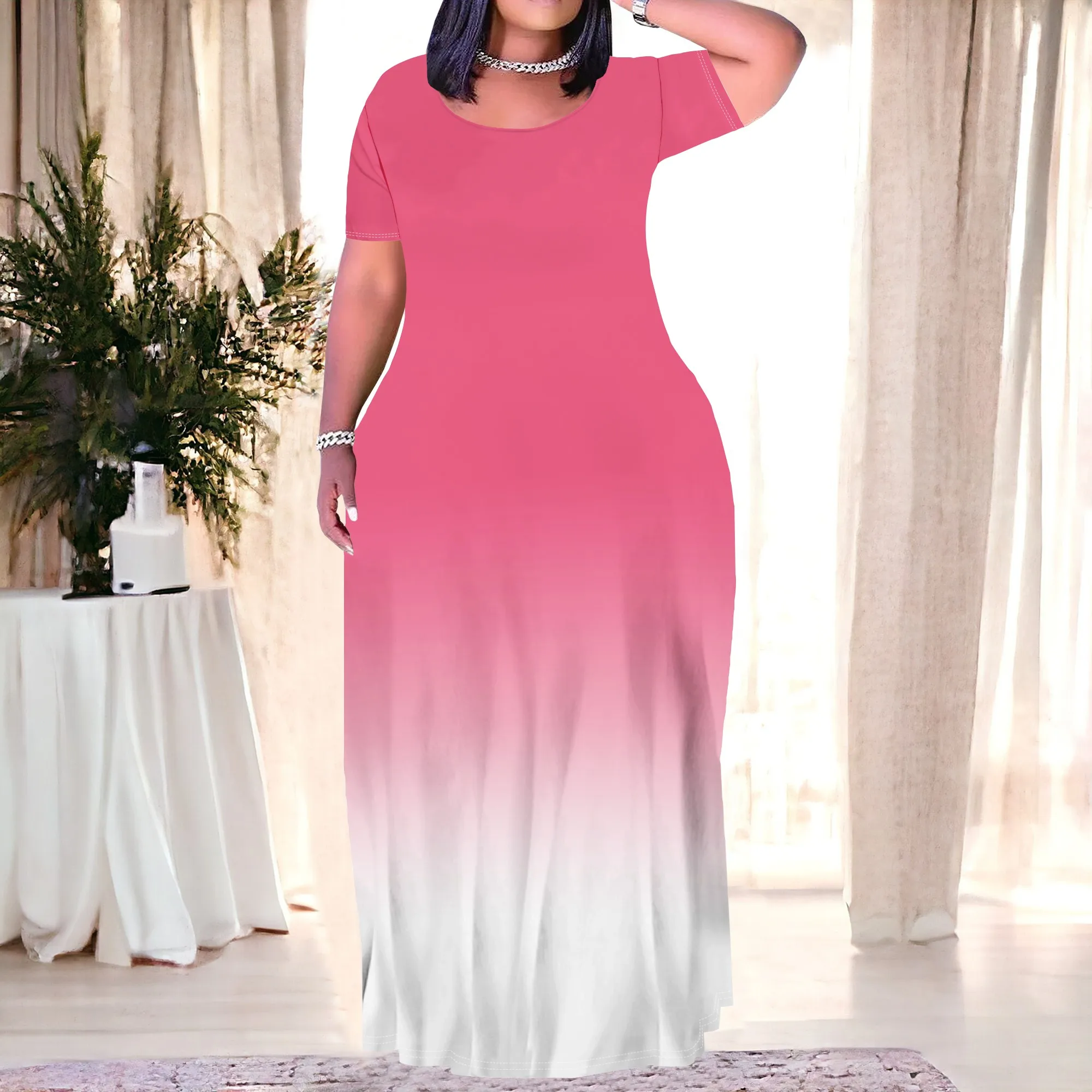 Women's Plus Size Gradient Color Maxi Dresses Short Sleeve Sundress Summer T-Shirt Beach Long Dress with Pockets Women's Plus Size Gradient Color Maxi Dresses Short Sleeve Sundress Summer T-Shirt Beach Long Dress with Pockets