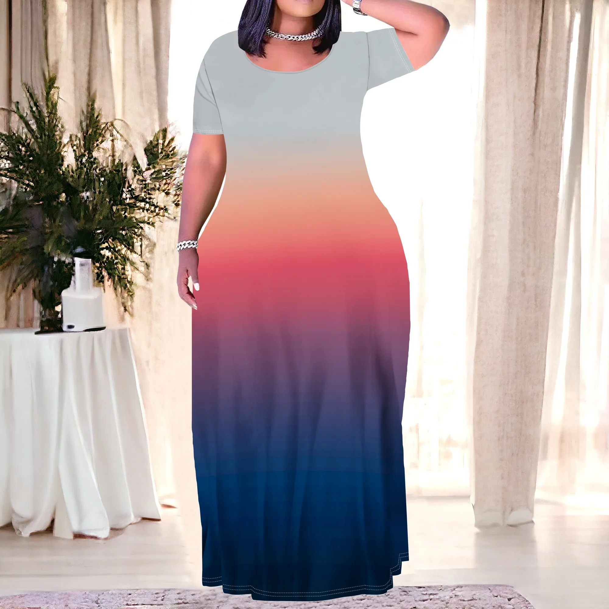 Women's Plus Size Gradient Color Maxi Dresses Short Sleeve Sundress Summer T-Shirt Beach Long Dress with Pockets Women's Plus Size Gradient Color Maxi Dresses Short Sleeve Sundress Summer T-Shirt Beach Long Dress with Pockets