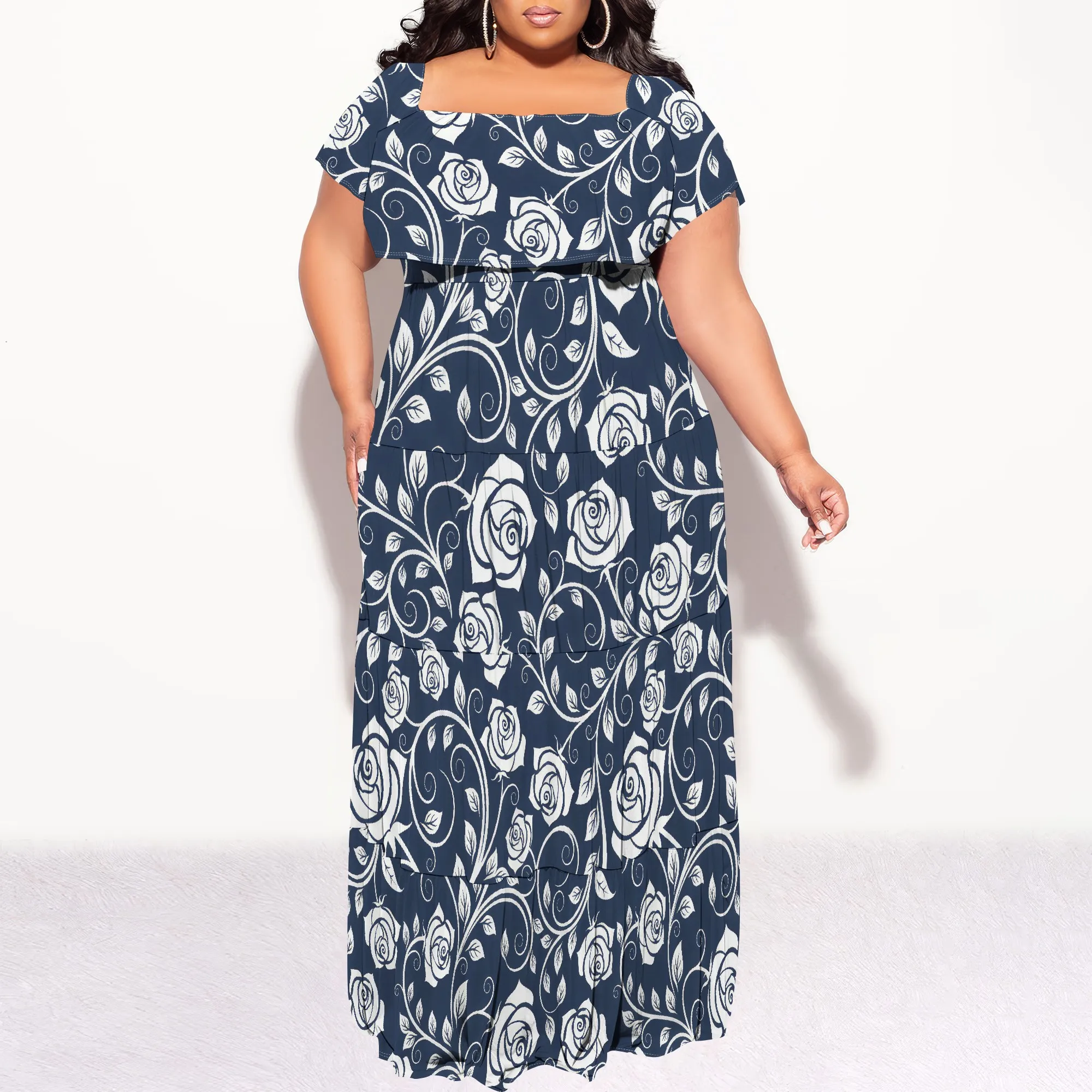 Plus Size Navy Blue Rose Print Long Dress Women Off Shoulder Floral Maxi Dress for Vacation Party Plus Size Navy Blue Rose Print Long Dress Women Off Shoulder Floral Maxi Dress for Vacation Party