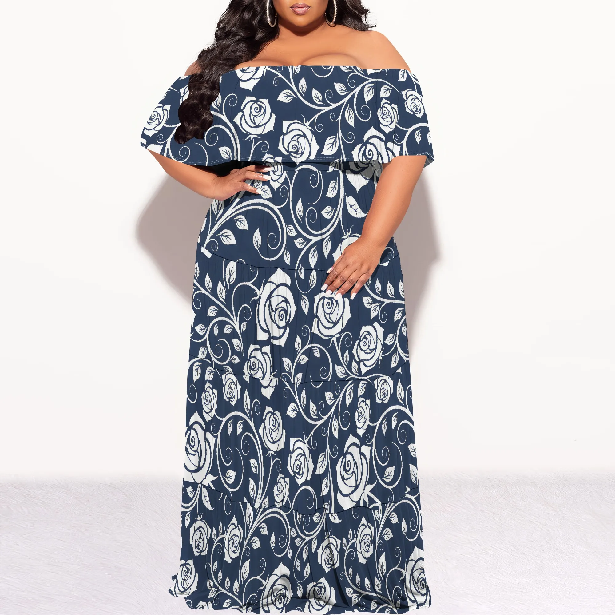 Plus Size Navy Blue Rose Print Long Dress Women Off Shoulder Floral Maxi Dress for Vacation Party Plus Size Navy Blue Rose Print Long Dress Women Off Shoulder Floral Maxi Dress for Vacation Party