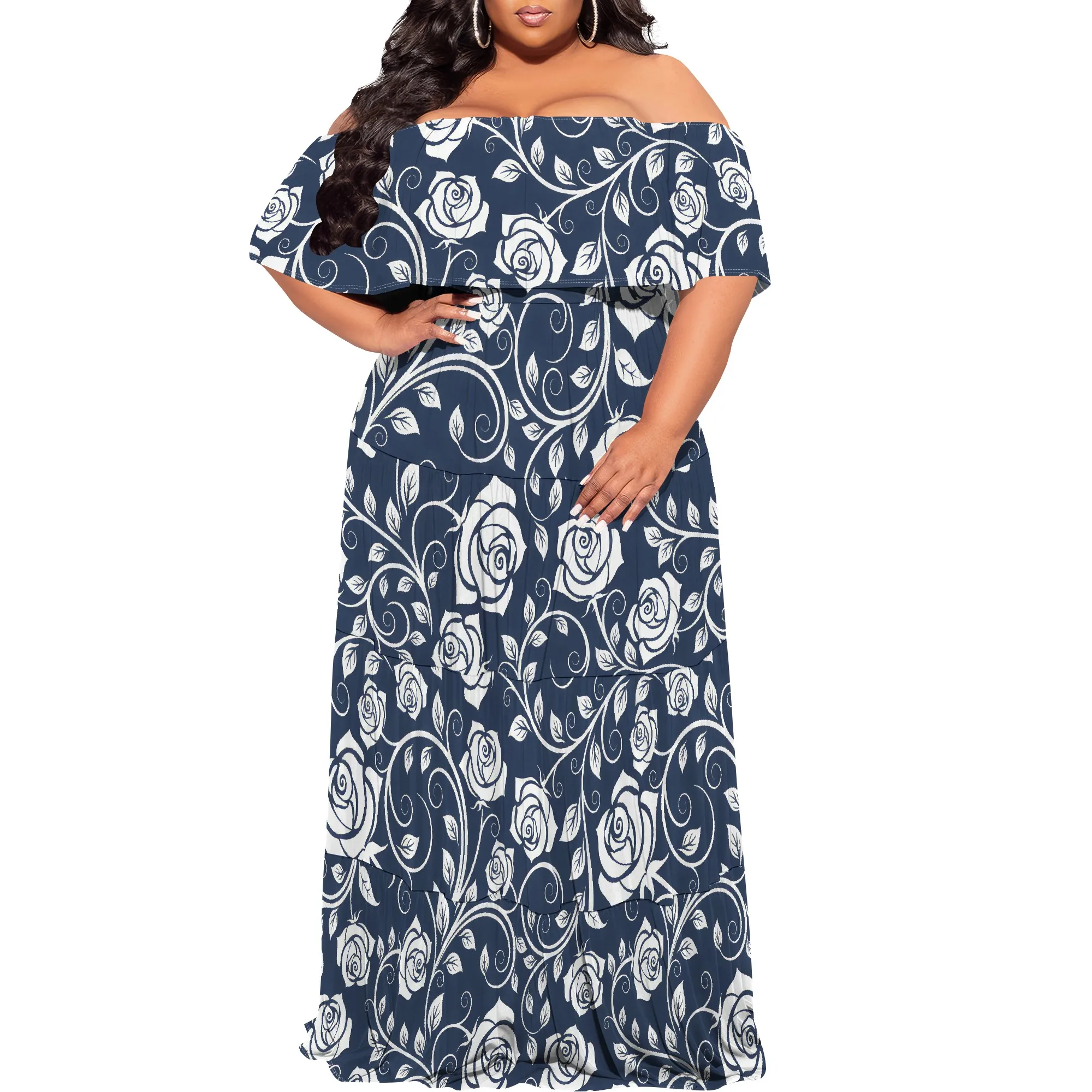 Plus Size Navy Blue Rose Print Long Dress Women Off Shoulder Floral Maxi Dress for Vacation Party Plus Size Navy Blue Rose Print Long Dress Women Off Shoulder Floral Maxi Dress for Vacation Party