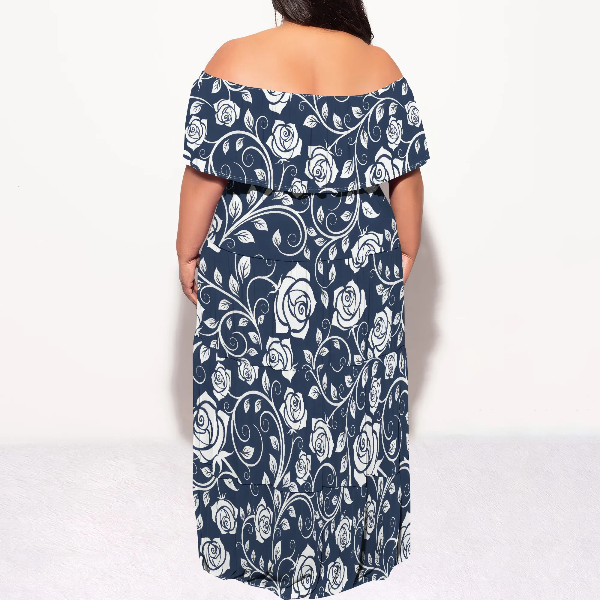 Plus Size Navy Blue Rose Print Long Dress Women Off Shoulder Floral Maxi Dress for Vacation Party Plus Size Navy Blue Rose Print Long Dress Women Off Shoulder Floral Maxi Dress for Vacation Party