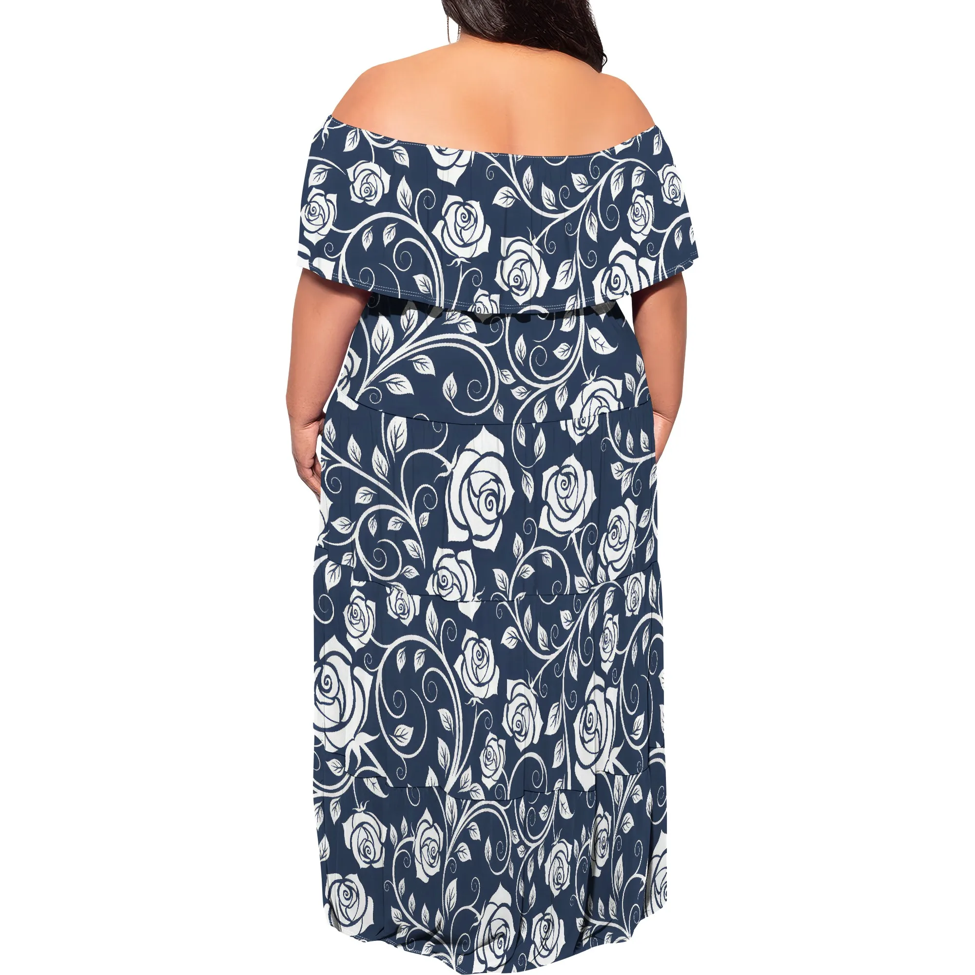 Plus Size Navy Blue Rose Print Long Dress Women Off Shoulder Floral Maxi Dress for Vacation Party Plus Size Navy Blue Rose Print Long Dress Women Off Shoulder Floral Maxi Dress for Vacation Party