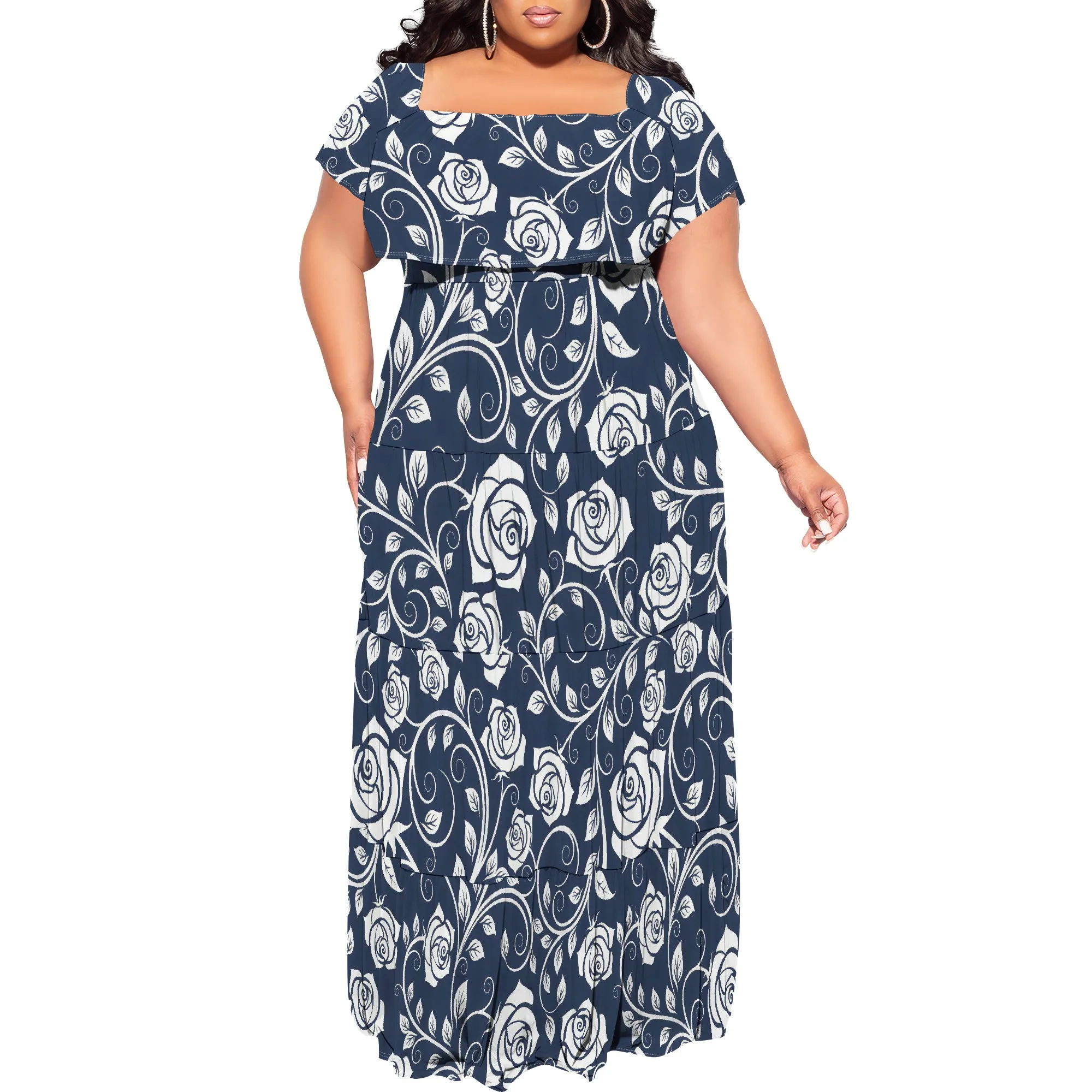 Plus Size Navy Blue Rose Print Long Dress Women Off Shoulder Floral Maxi Dress for Vacation Party Plus Size Navy Blue Rose Print Long Dress Women Off Shoulder Floral Maxi Dress for Vacation Party
