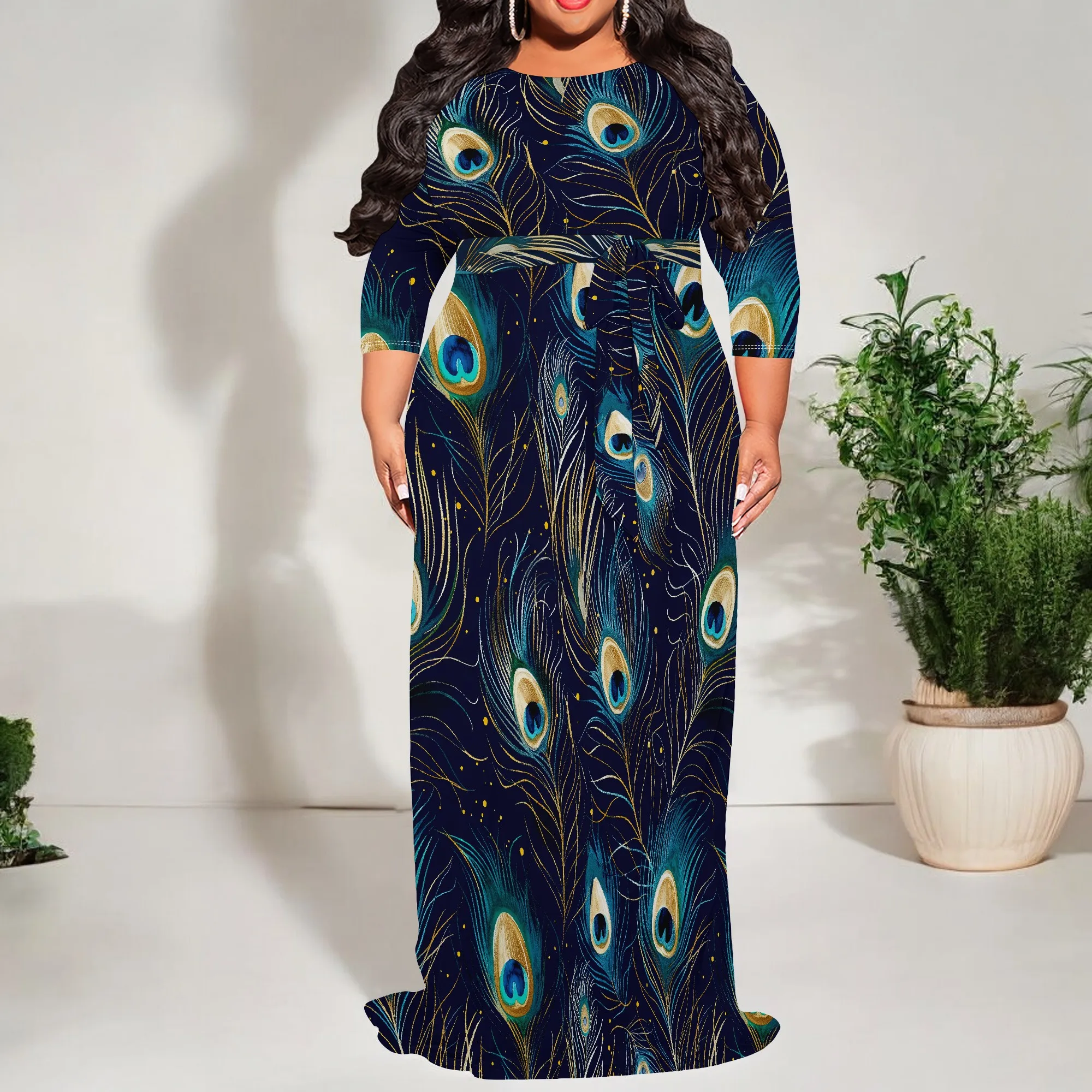 Plus Size Peacock Feather Print Long Sleeve Maxi Dress for Women Elegant Casual Tunic Dress with Belt Plus Size Peacock Feather Print Long Sleeve Maxi Dress for Women Elegant Casual Tunic Dress with Belt