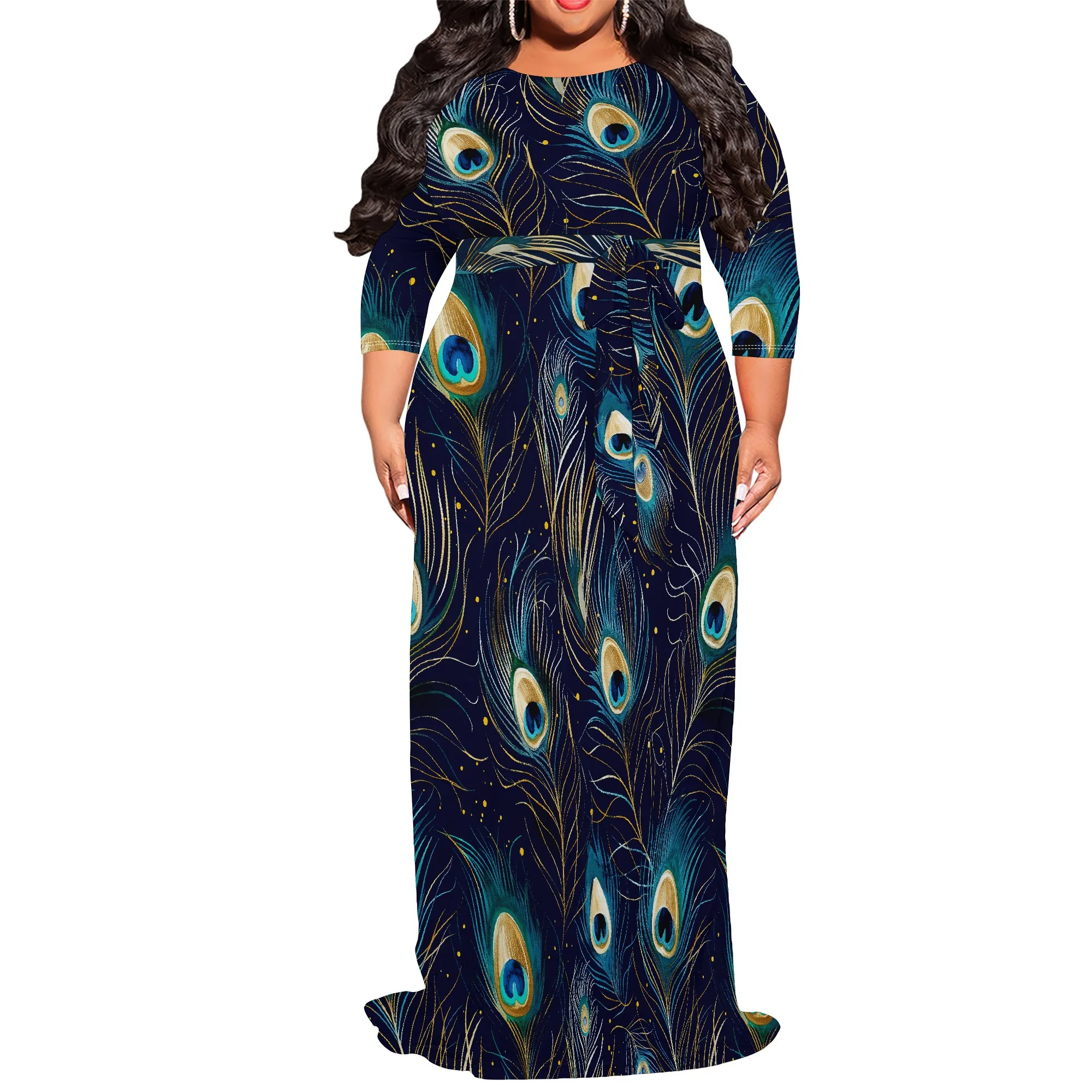 Plus Size Peacock Feather Print Long Sleeve Maxi Dress for Women Elegant Casual Tunic Dress with Belt Plus Size Peacock Feather Print Long Sleeve Maxi Dress for Women Elegant Casual Tunic Dress with Belt