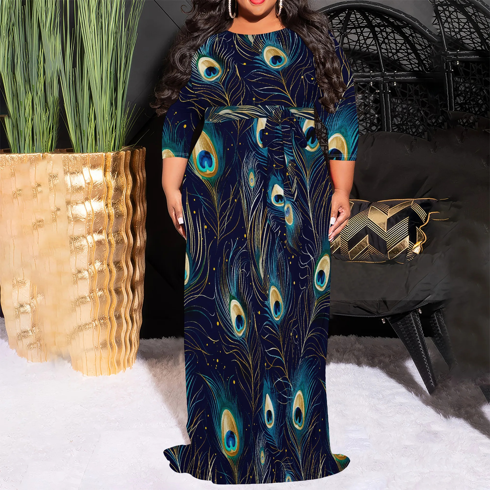 Plus Size Peacock Feather Print Long Sleeve Maxi Dress for Women Elegant Casual Tunic Dress with Belt Plus Size Peacock Feather Print Long Sleeve Maxi Dress for Women Elegant Casual Tunic Dress with Belt