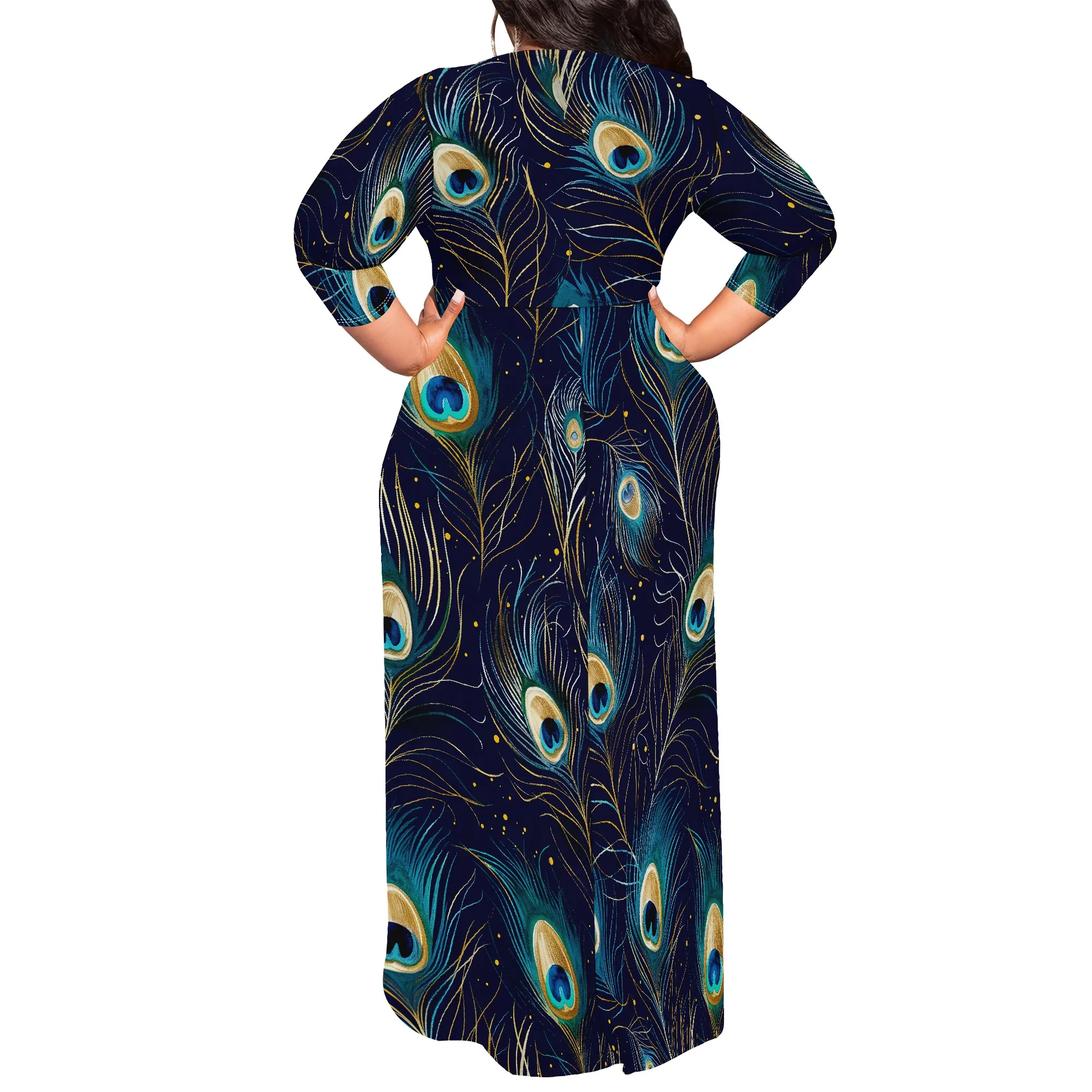 Plus Size Peacock Feather Print Long Sleeve Maxi Dress for Women Elegant Casual Tunic Dress with Belt Plus Size Peacock Feather Print Long Sleeve Maxi Dress for Women Elegant Casual Tunic Dress with Belt
