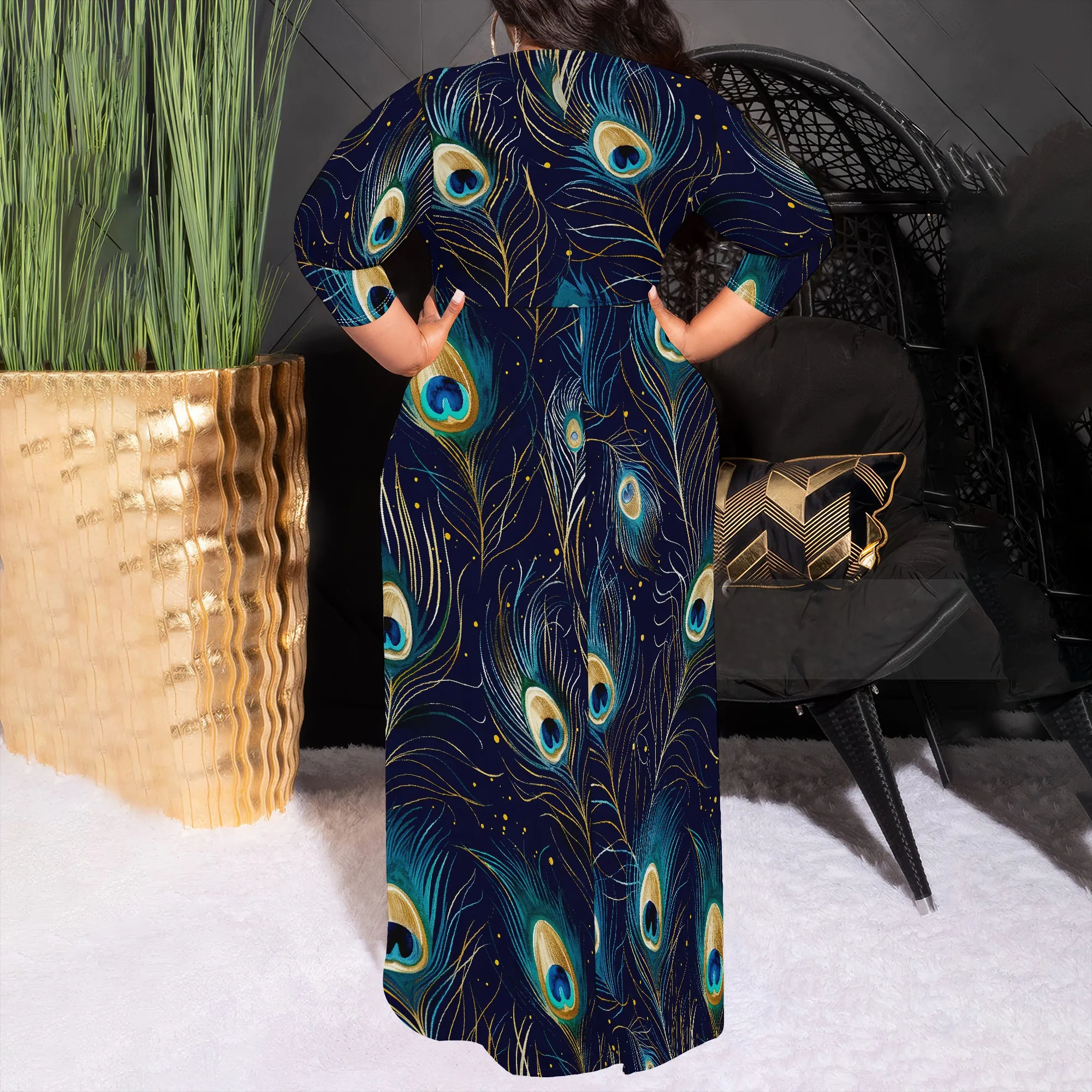 Plus Size Peacock Feather Print Long Sleeve Maxi Dress for Women Elegant Casual Tunic Dress with Belt Plus Size Peacock Feather Print Long Sleeve Maxi Dress for Women Elegant Casual Tunic Dress with Belt