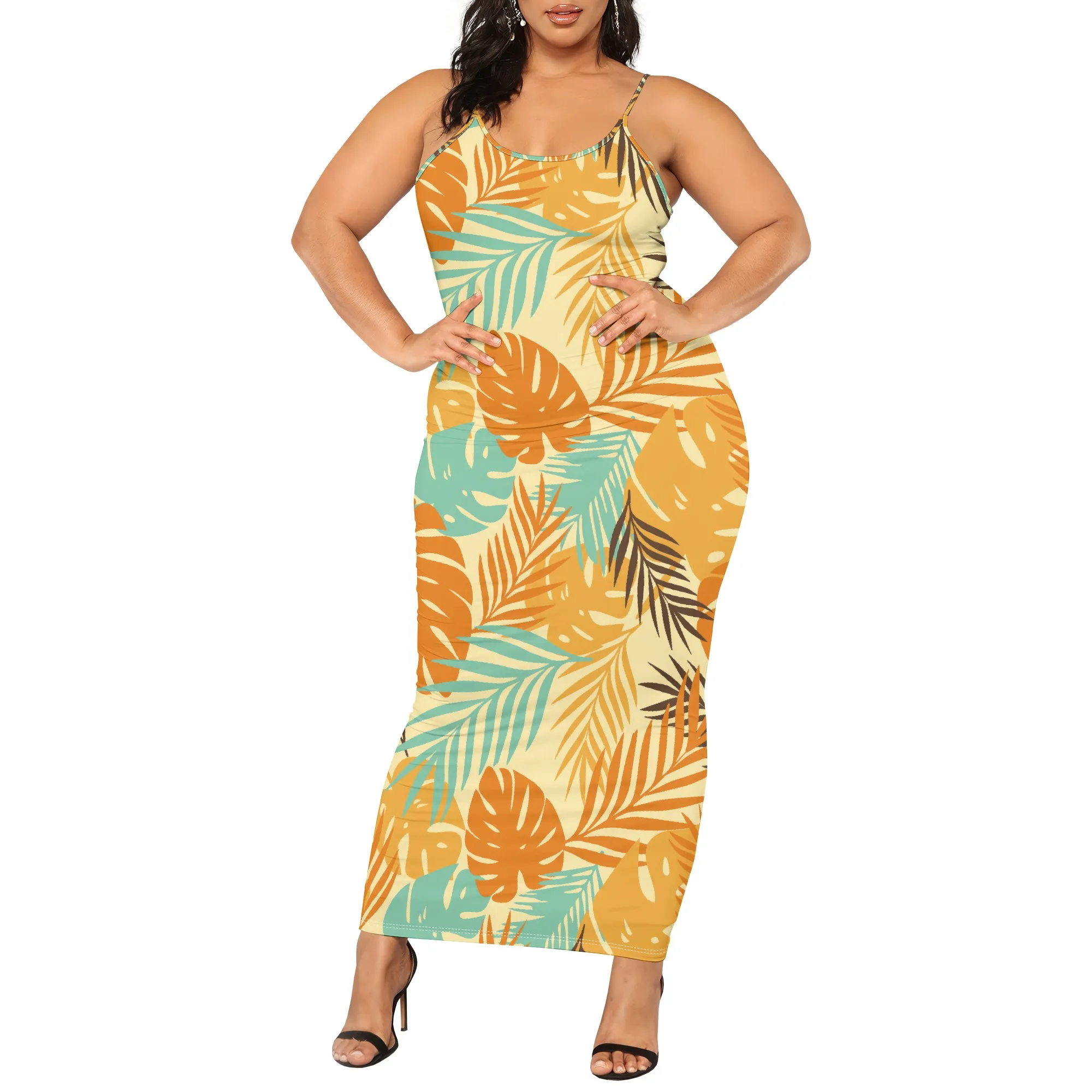 Plus Size Boho Style Tropical Print Maxi Dress Spaghetti Strap Summer Holiday Beachwear