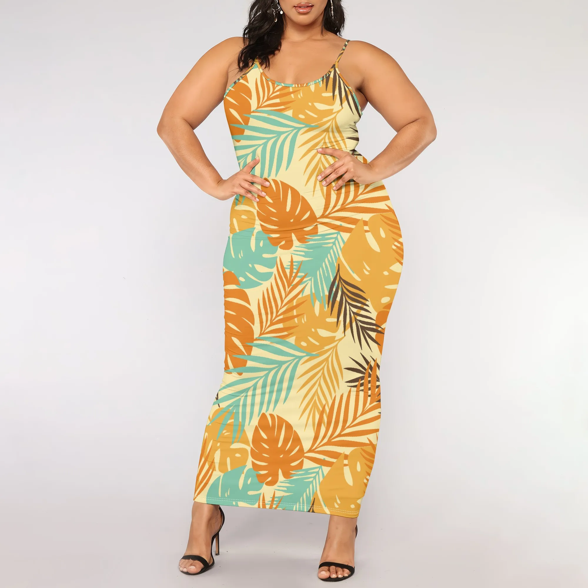 Plus Size Boho Style Tropical Print Maxi Dress Spaghetti Strap Summer Holiday Beachwear