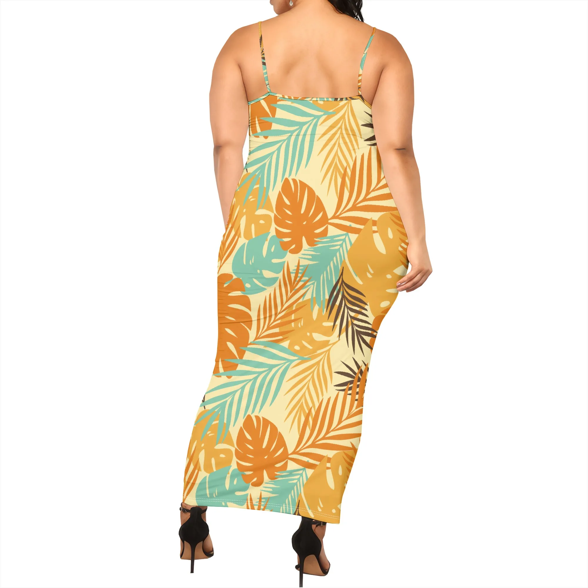 Plus Size Boho Style Tropical Print Maxi Dress Spaghetti Strap Summer Holiday Beachwear
