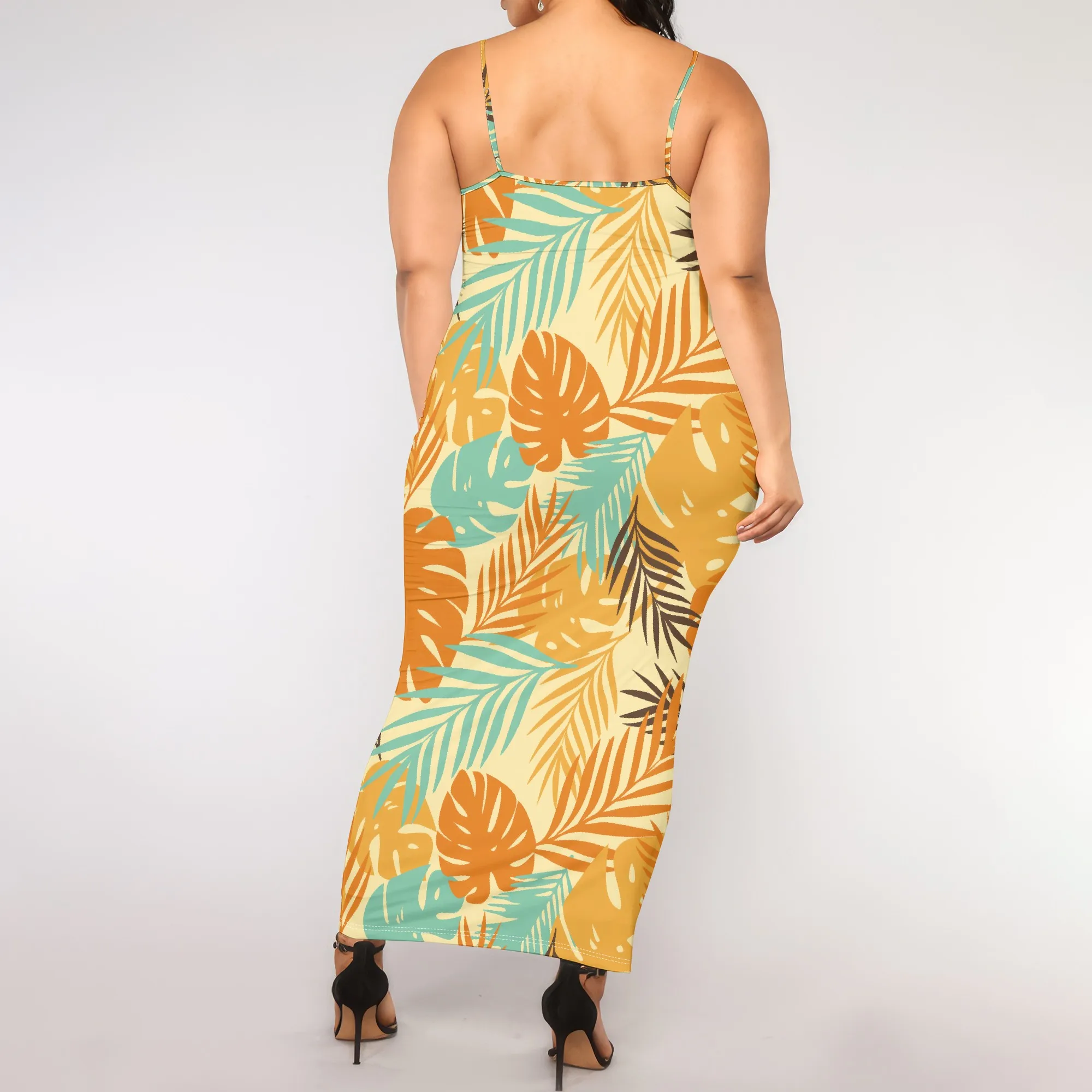 Plus Size Boho Style Tropical Print Maxi Dress Spaghetti Strap Summer Holiday Beachwear