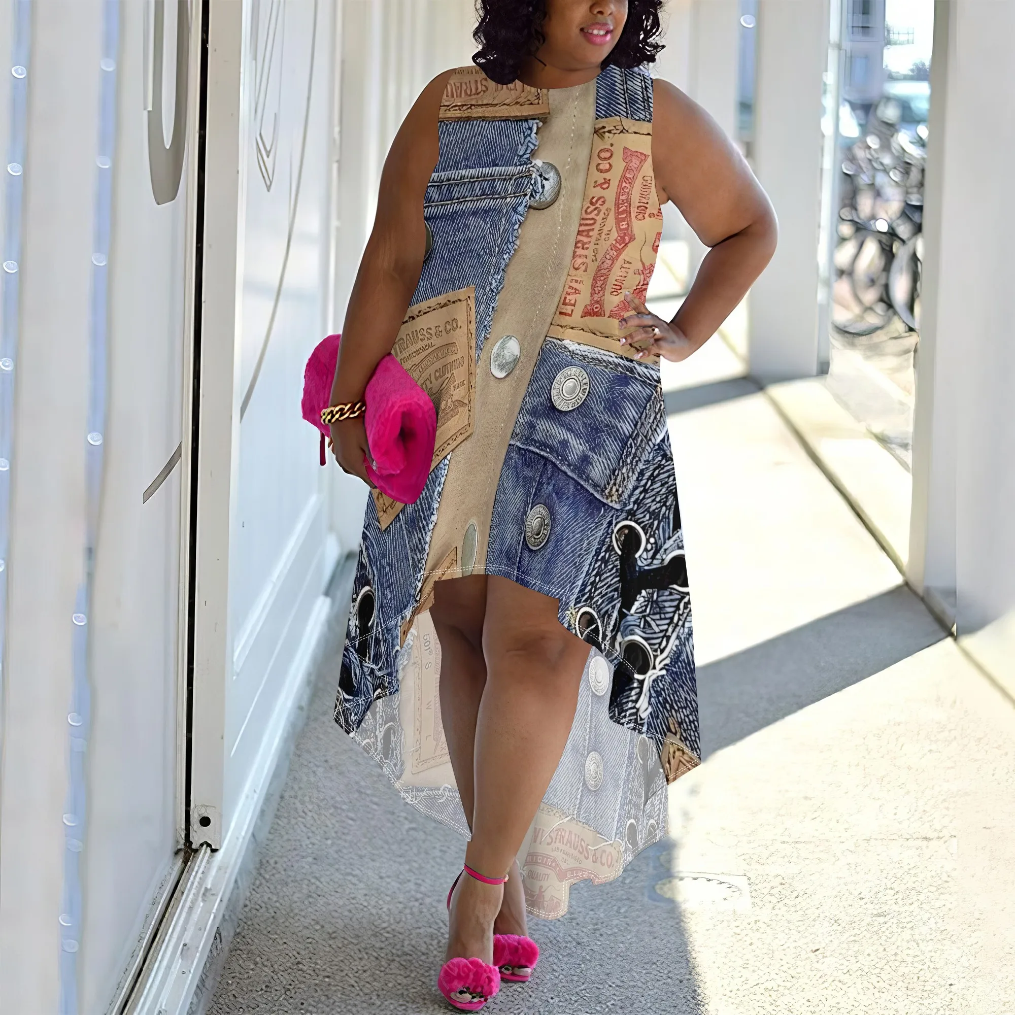 Chic plus size high-low dress with a denim and vintage paper print design, perfect for adding a bold touch to your wardrobe.