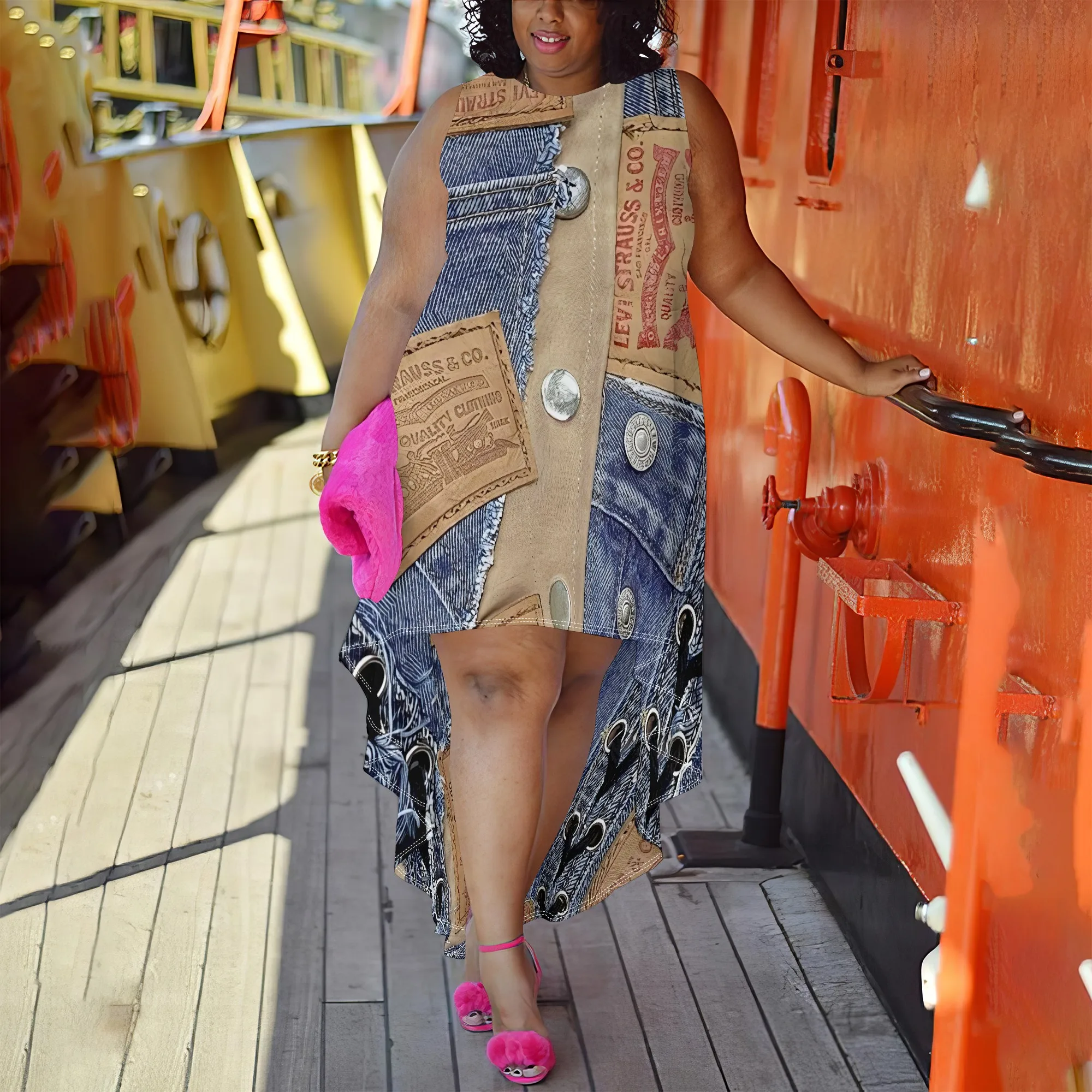 Chic plus size high-low dress with a denim and vintage paper print design, perfect for adding a bold touch to your wardrobe.