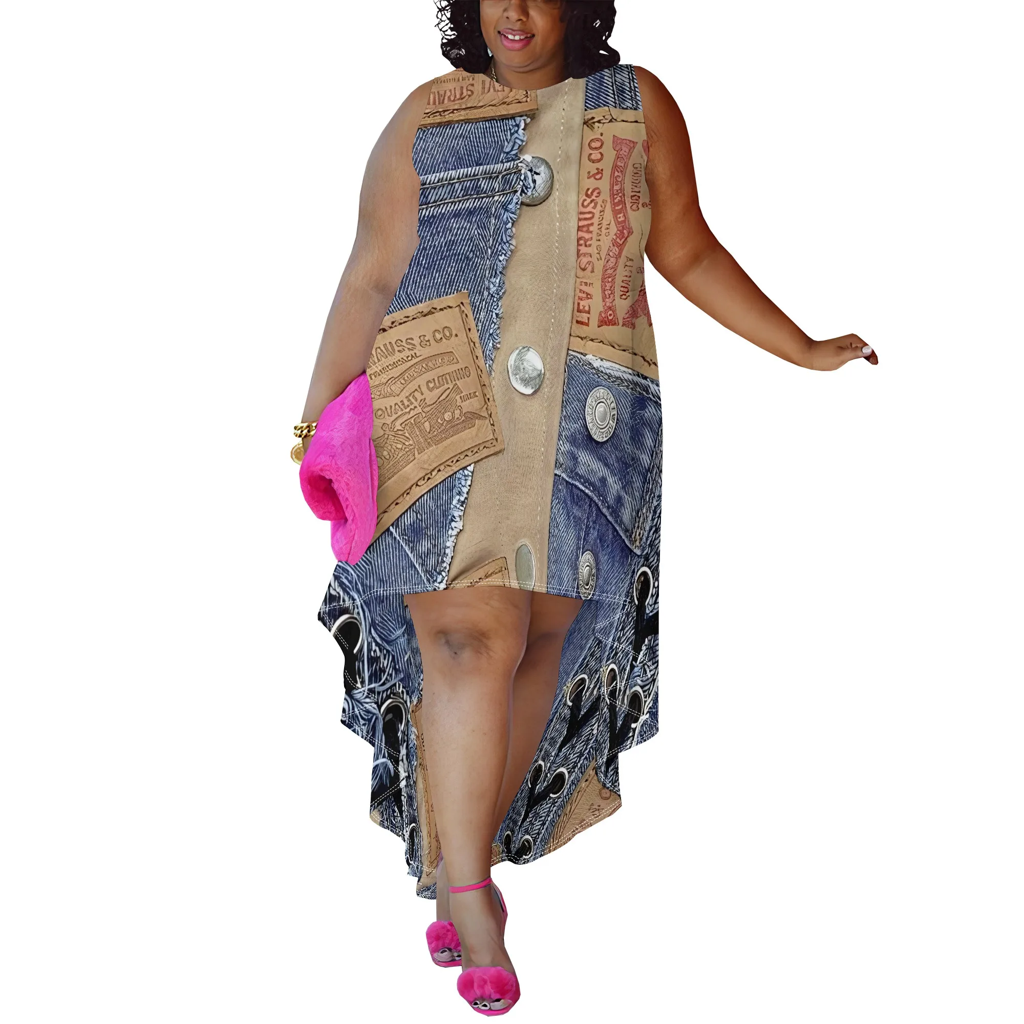 Chic plus size high-low dress with a denim and vintage paper print design, perfect for adding a bold touch to your wardrobe.