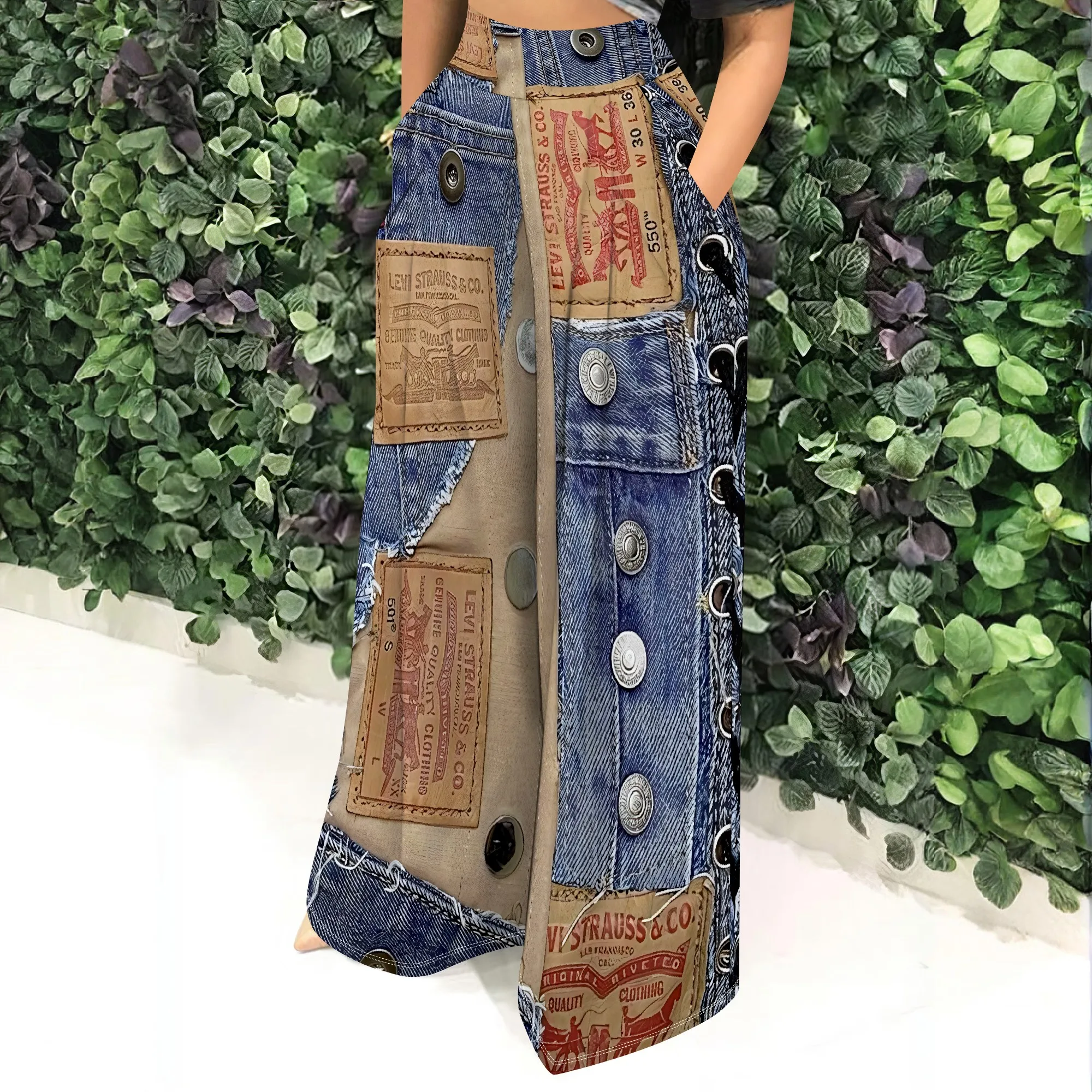Faux Denim Printed High Waist Casual Personality Wide Leg Pants Faux Denim Printed High Waist Casual Personality Wide Leg Pants