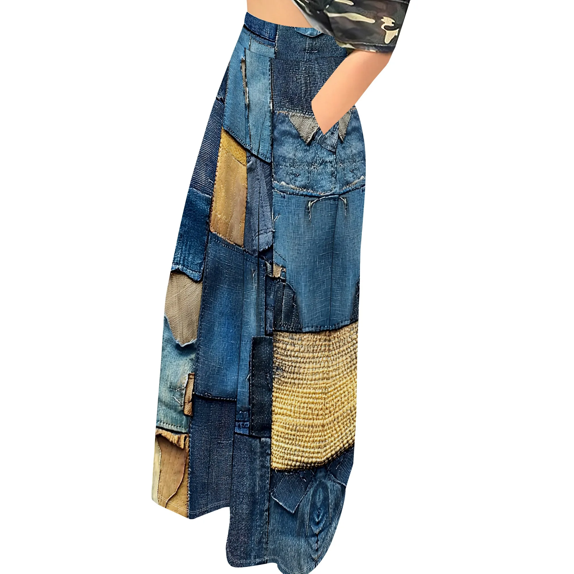 Faux Denim Printed High Waist Casual Personality Wide Leg Pants Faux Denim Printed High Waist Casual Personality Wide Leg Pants