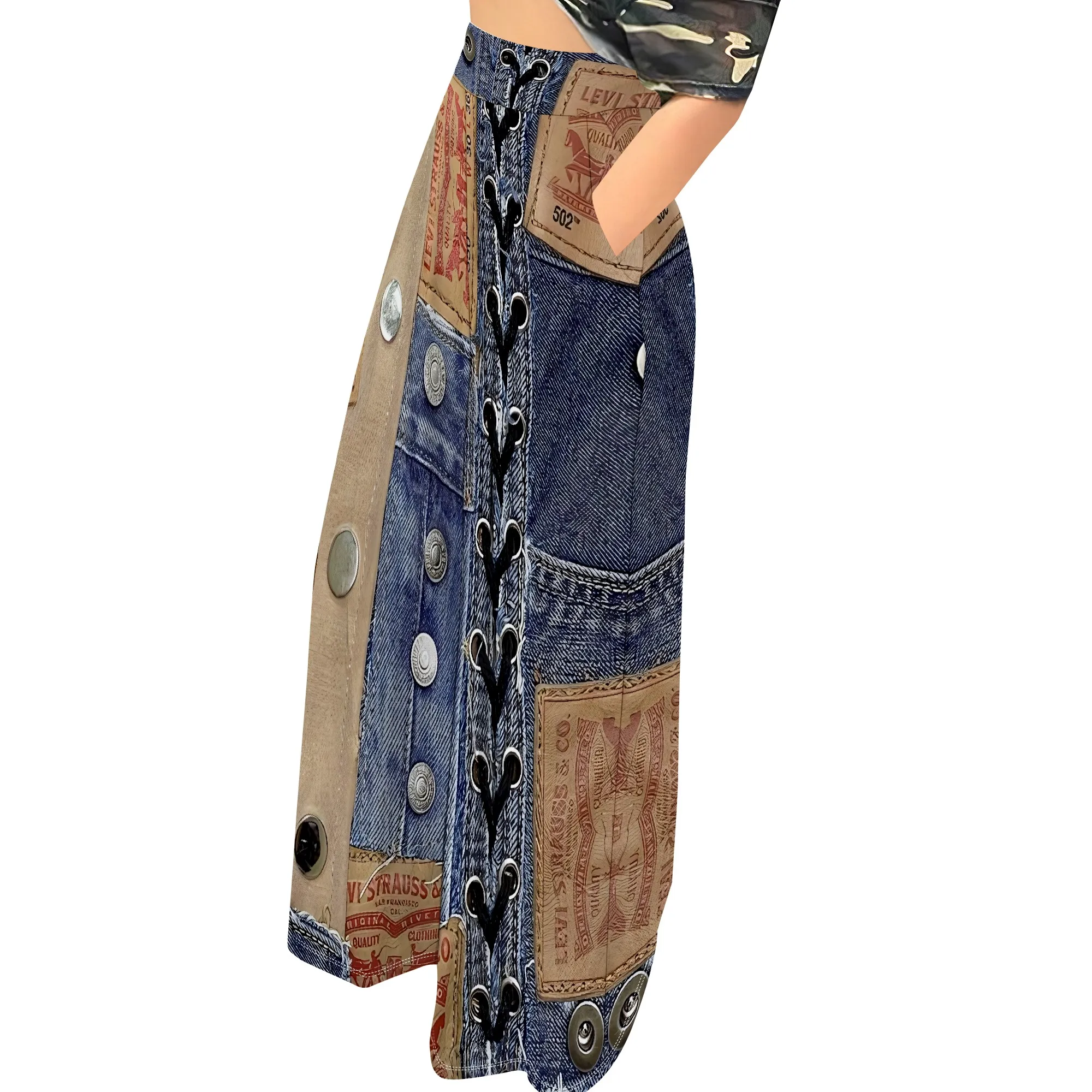 Faux Denim Printed High Waist Casual Personality Wide Leg Pants Faux Denim Printed High Waist Casual Personality Wide Leg Pants