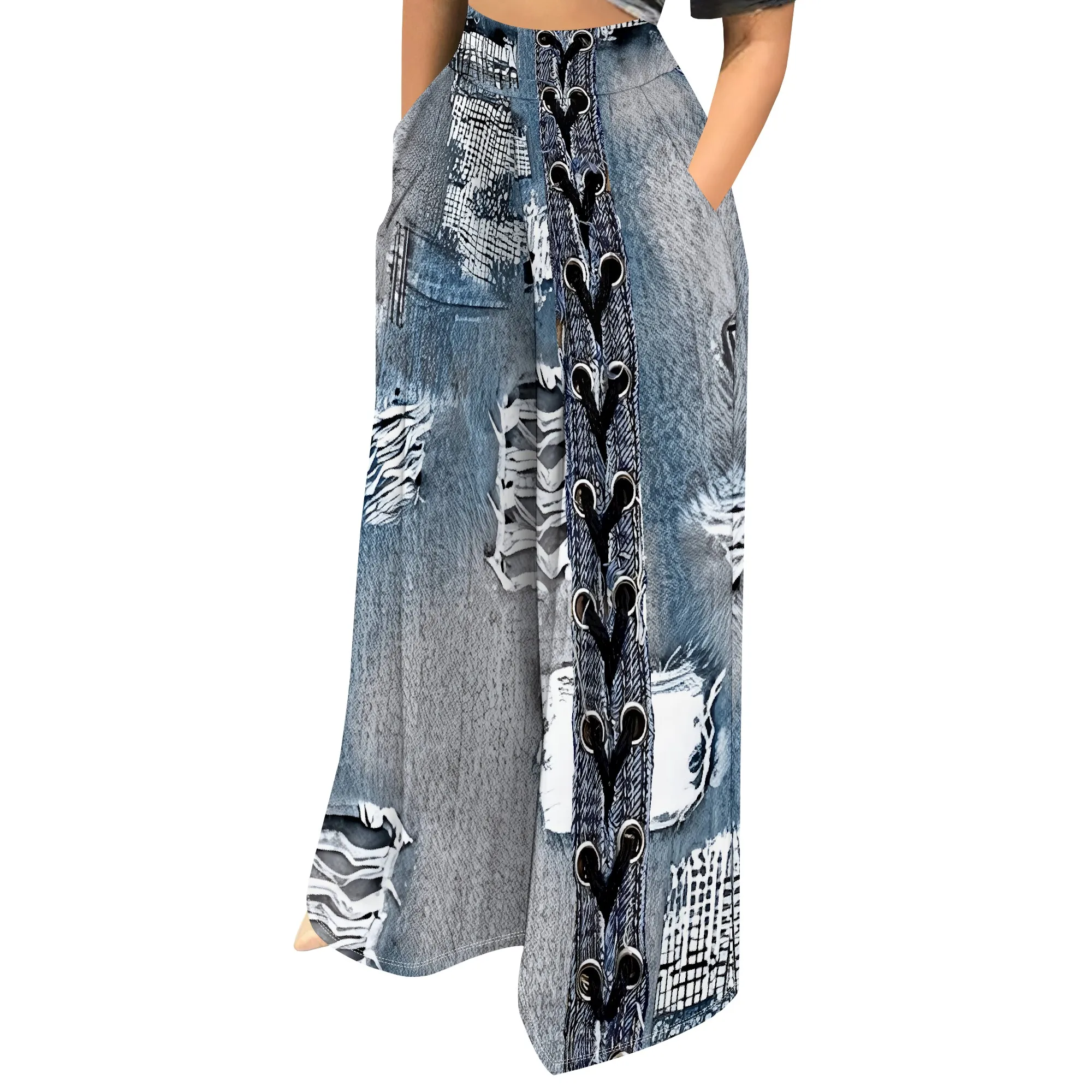 Faux Denim Printed High Waist Casual Personality Wide Leg Pants Faux Denim Printed High Waist Casual Personality Wide Leg Pants