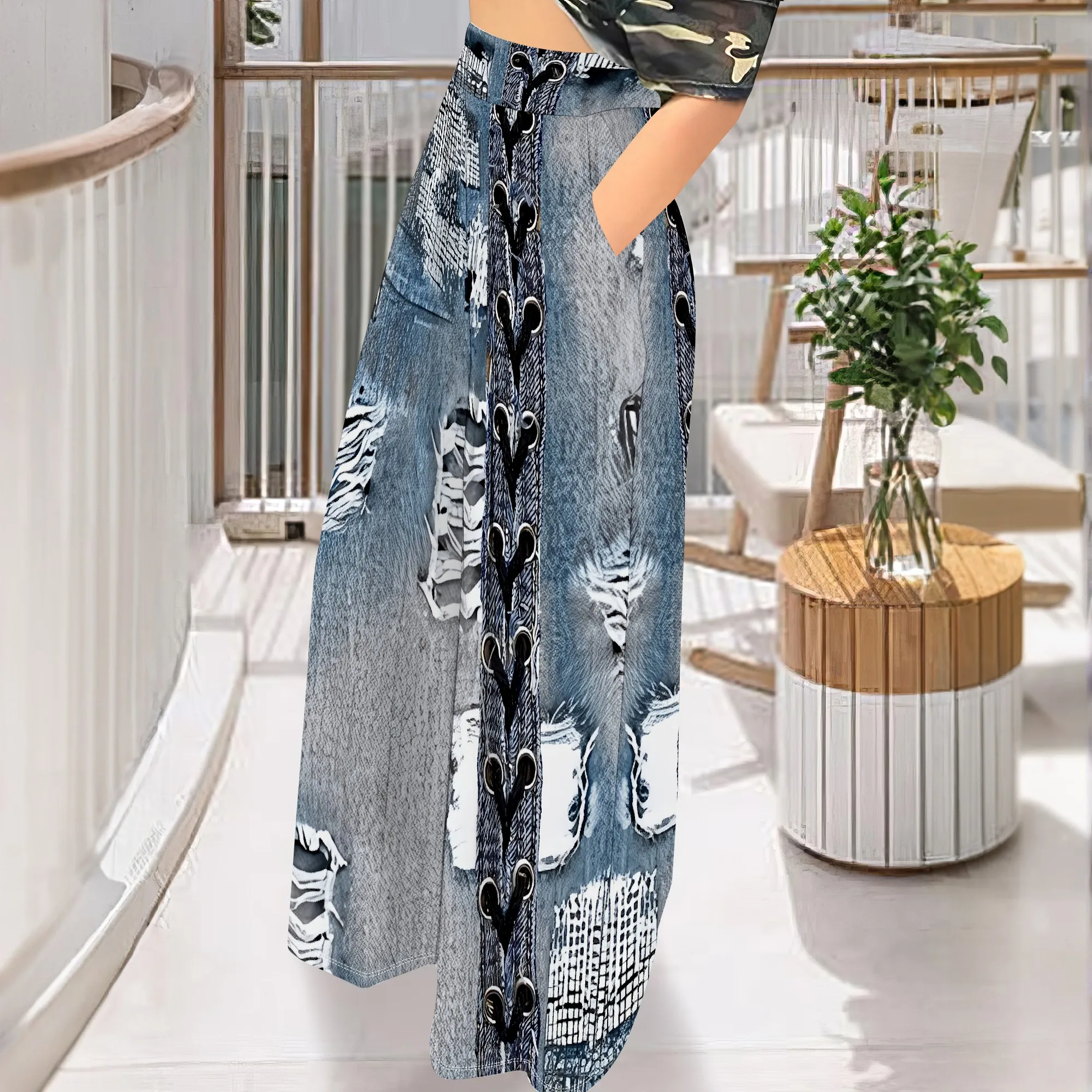 Faux Denim Printed High Waist Casual Personality Wide Leg Pants Faux Denim Printed High Waist Casual Personality Wide Leg Pants