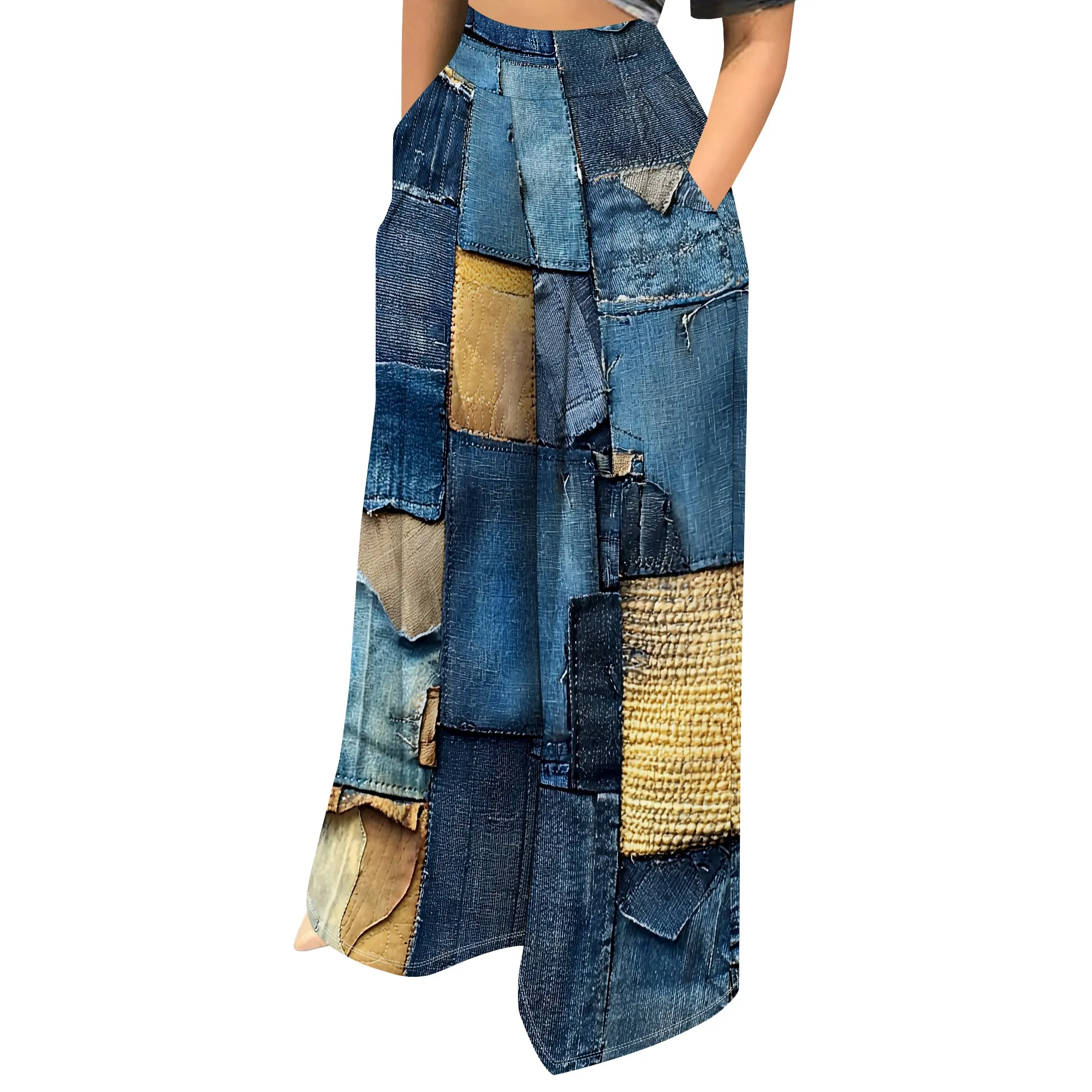 Faux Denim Printed High Waist Casual Personality Wide Leg Pants Faux Denim Printed High Waist Casual Personality Wide Leg Pants