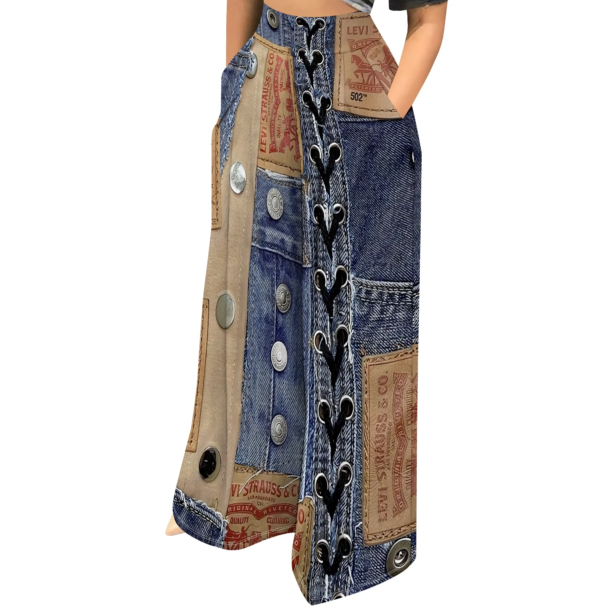 Faux Denim Printed High Waist Casual Personality Wide Leg Pants Faux Denim Printed High Waist Casual Personality Wide Leg Pants