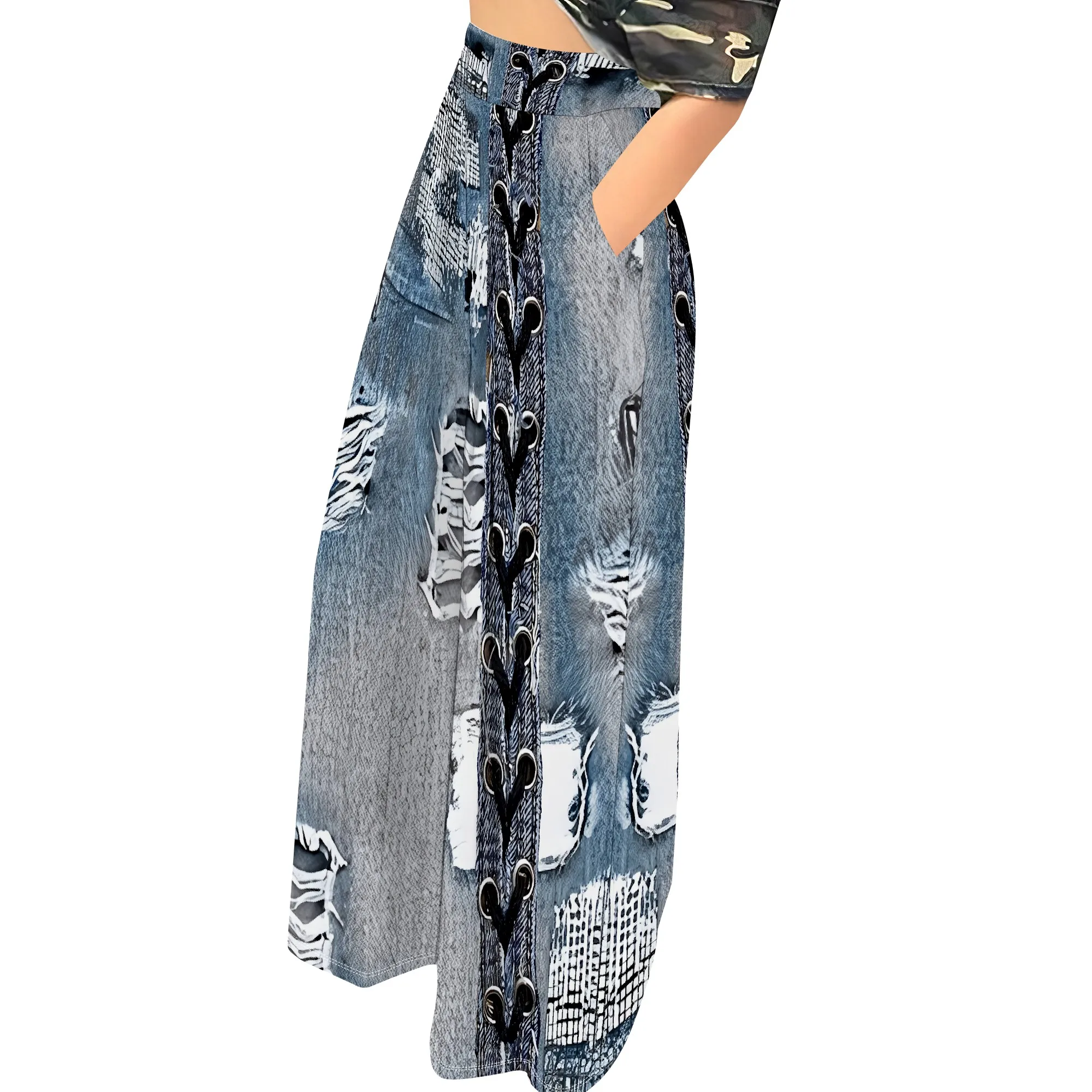 Faux Denim Printed High Waist Casual Personality Wide Leg Pants Faux Denim Printed High Waist Casual Personality Wide Leg Pants