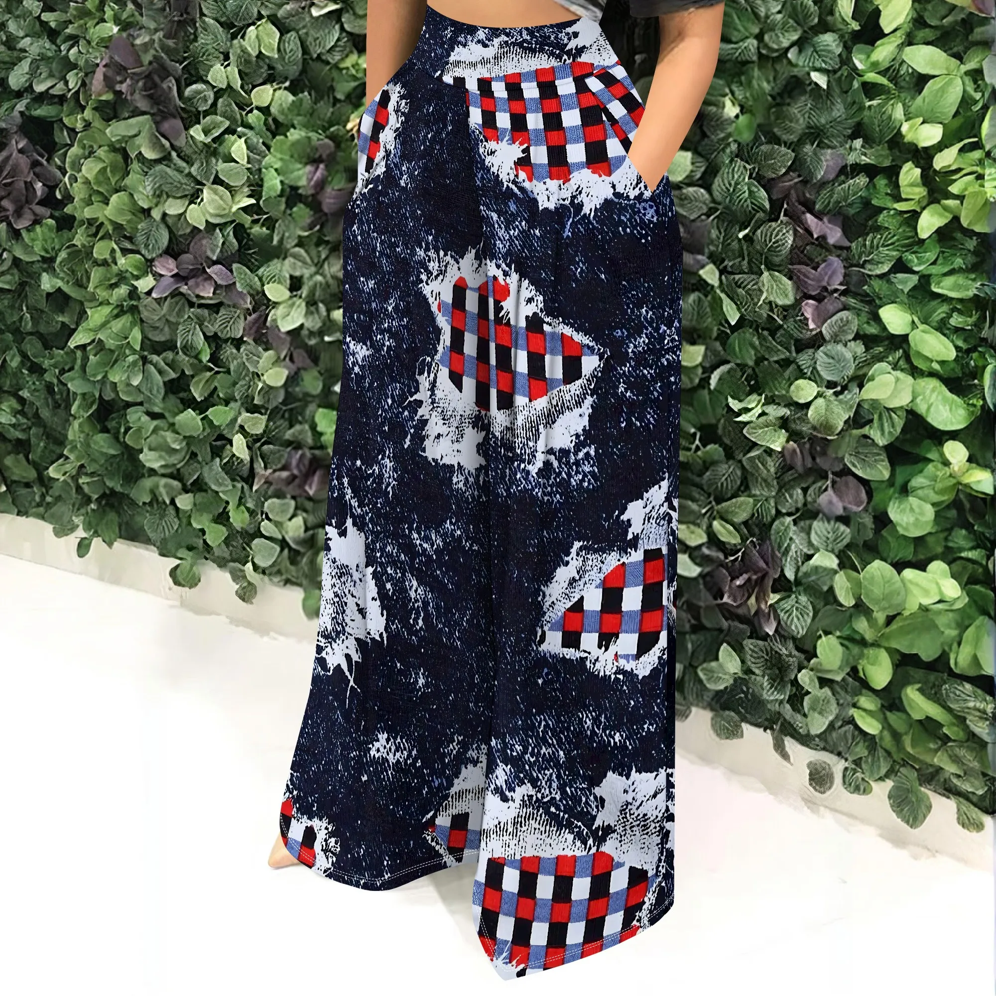 Faux Denim Printed High Waist Casual Personality Wide Leg Pants Faux Denim Printed High Waist Casual Personality Wide Leg Pants