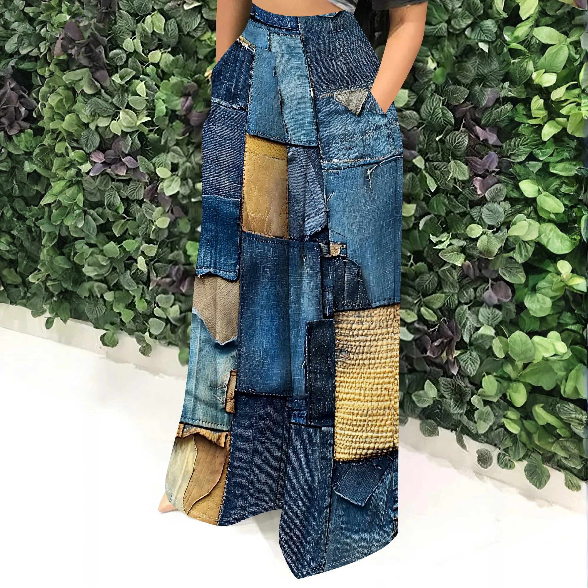 Faux Denim Printed High Waist Casual Personality Wide Leg Pants Faux Denim Printed High Waist Casual Personality Wide Leg Pants