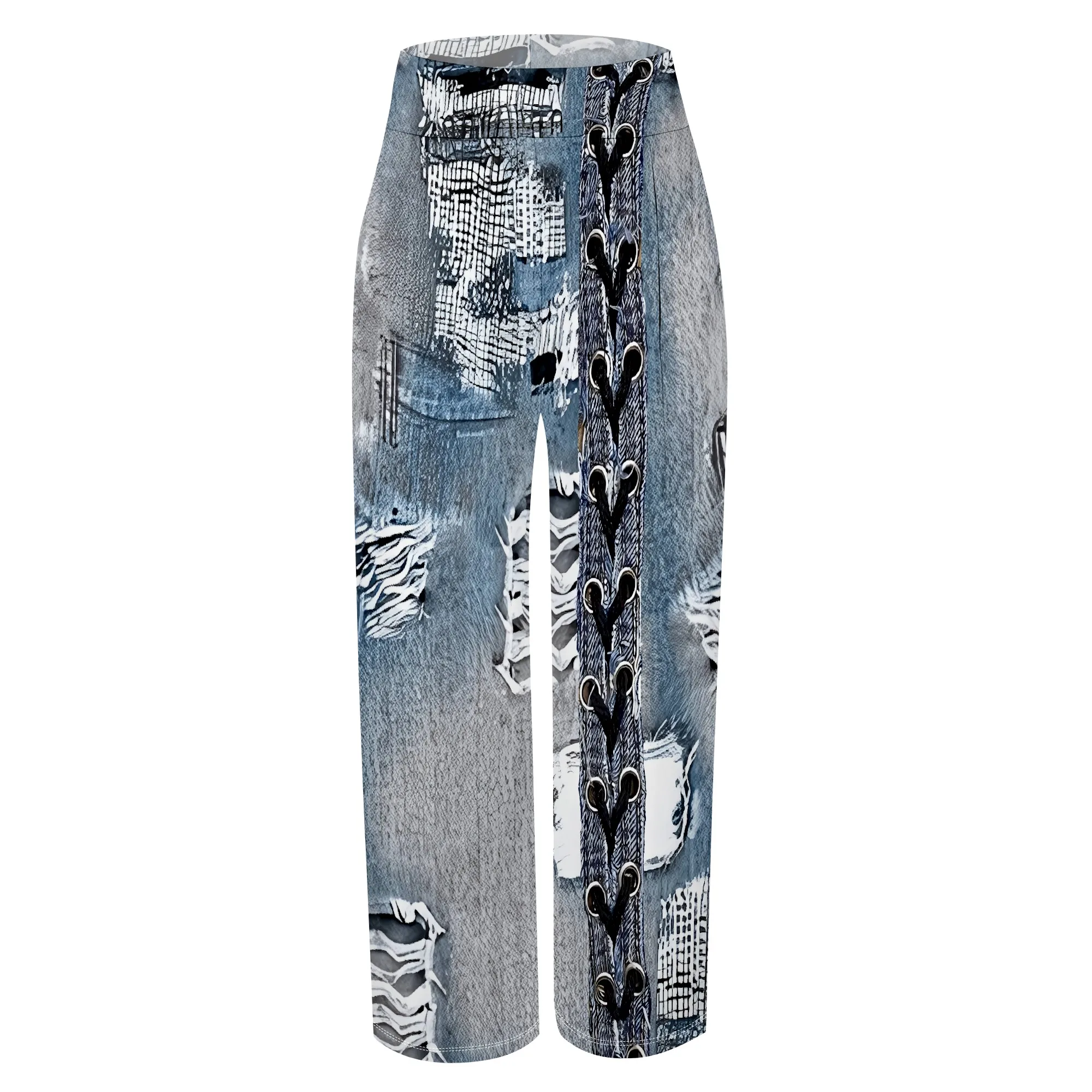 Faux Denim Printed High Waist Casual Personality Wide Leg Pants Faux Denim Printed High Waist Casual Personality Wide Leg Pants
