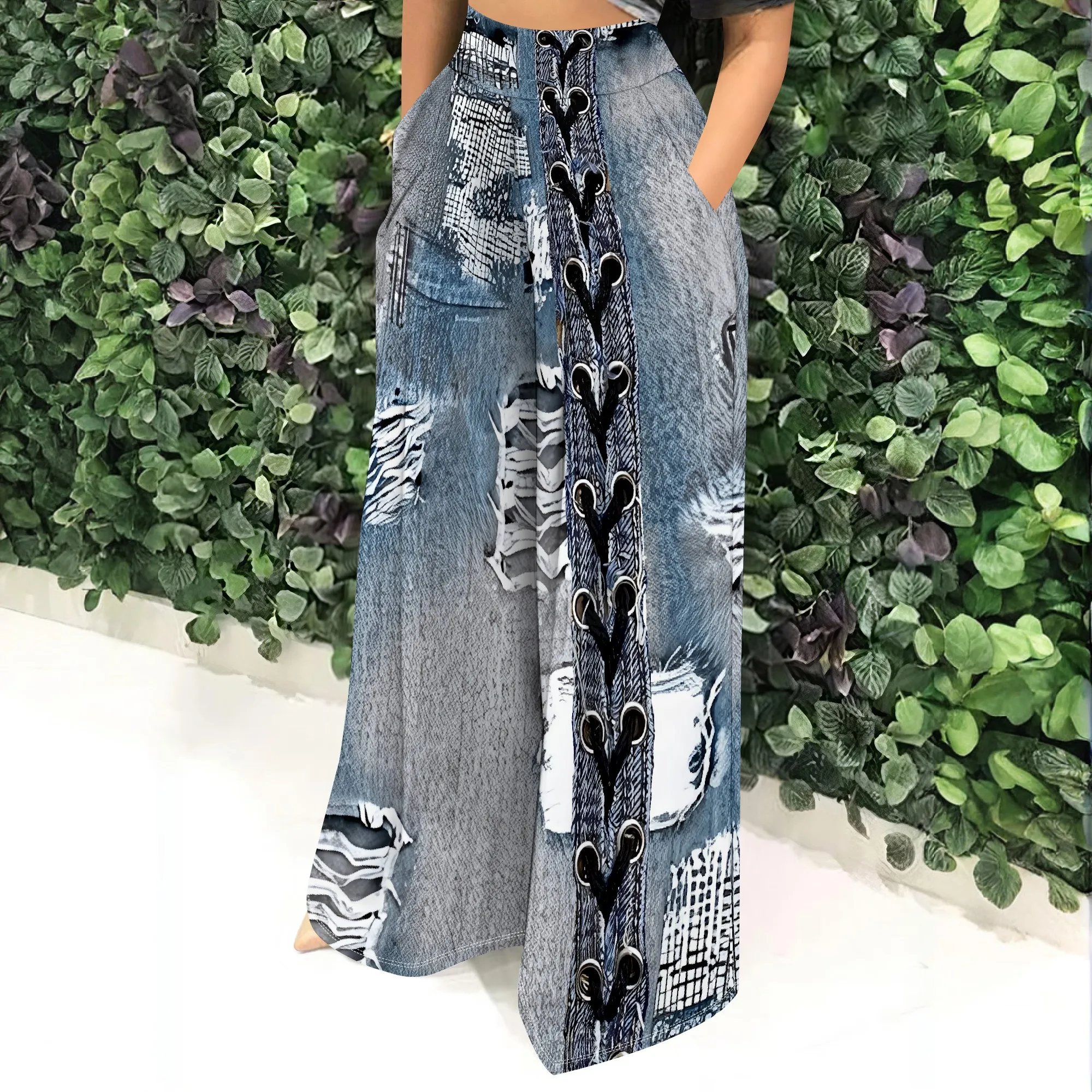 Faux Denim Printed High Waist Casual Personality Wide Leg Pants Faux Denim Printed High Waist Casual Personality Wide Leg Pants