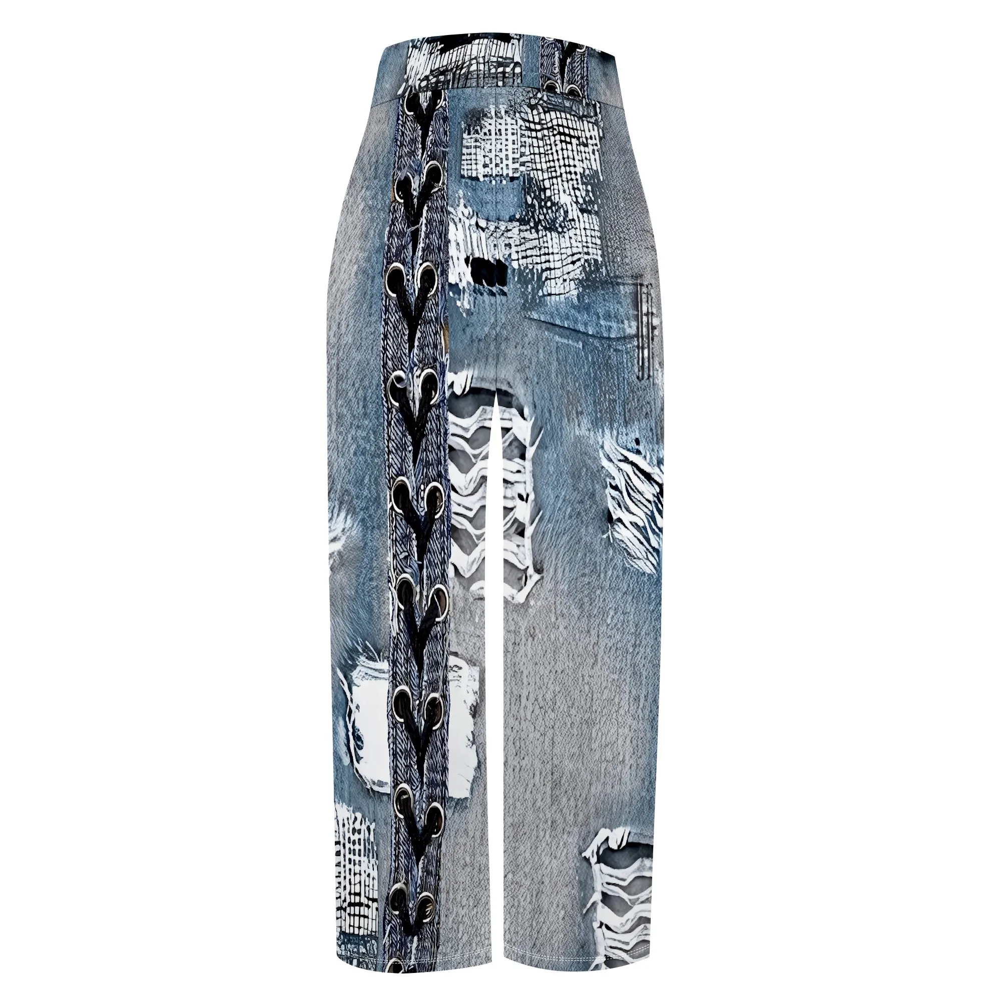 Faux Denim Printed High Waist Casual Personality Wide Leg Pants Faux Denim Printed High Waist Casual Personality Wide Leg Pants