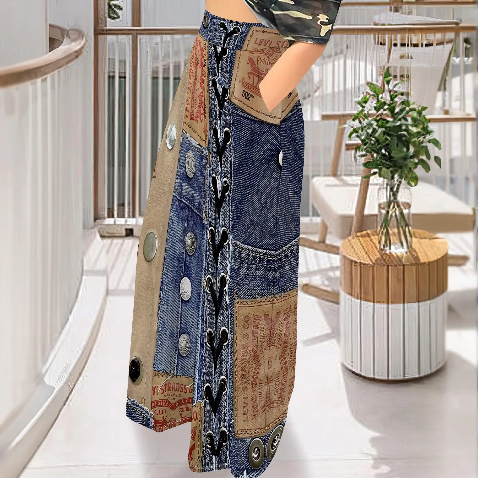 Faux Denim Printed High Waist Casual Personality Wide Leg Pants Faux Denim Printed High Waist Casual Personality Wide Leg Pants