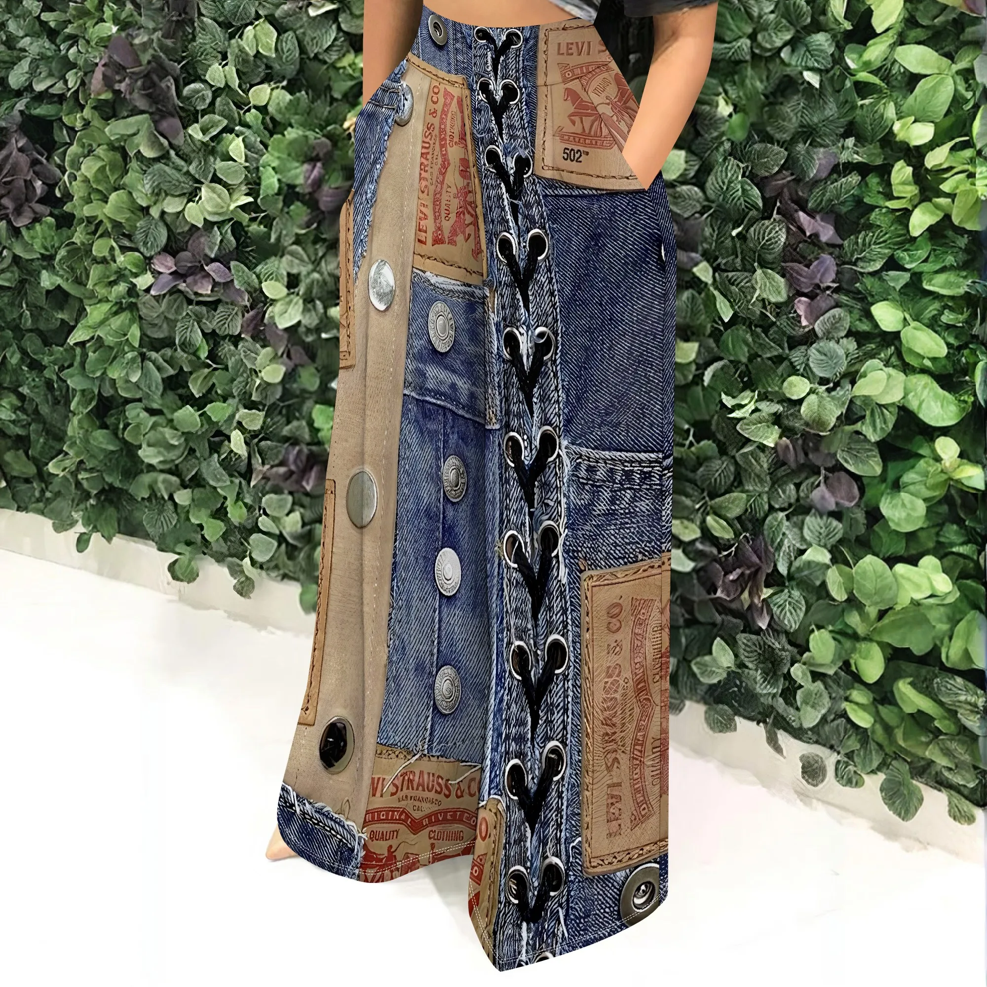 Faux Denim Printed High Waist Casual Personality Wide Leg Pants Faux Denim Printed High Waist Casual Personality Wide Leg Pants