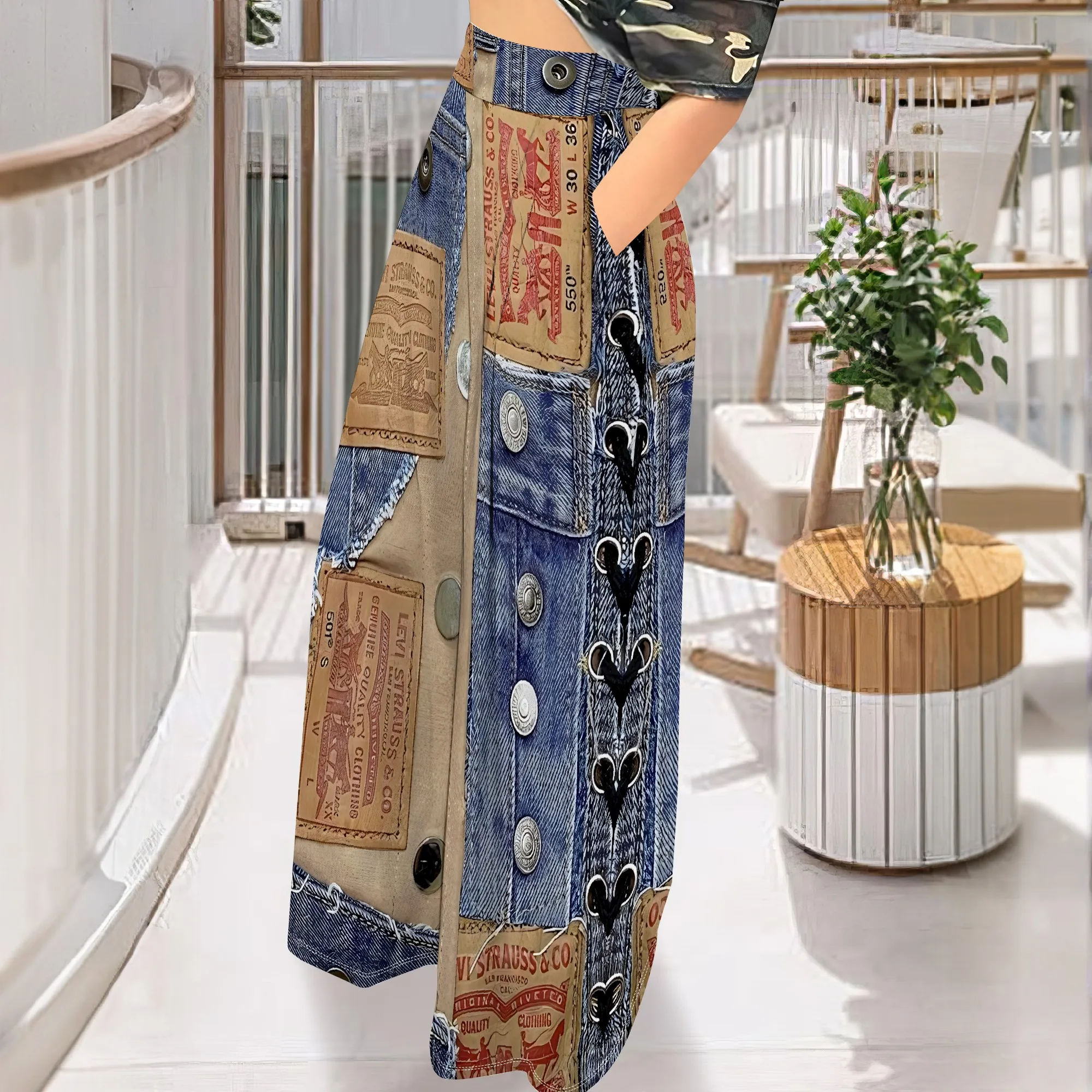 Faux Denim Printed High Waist Casual Personality Wide Leg Pants Faux Denim Printed High Waist Casual Personality Wide Leg Pants