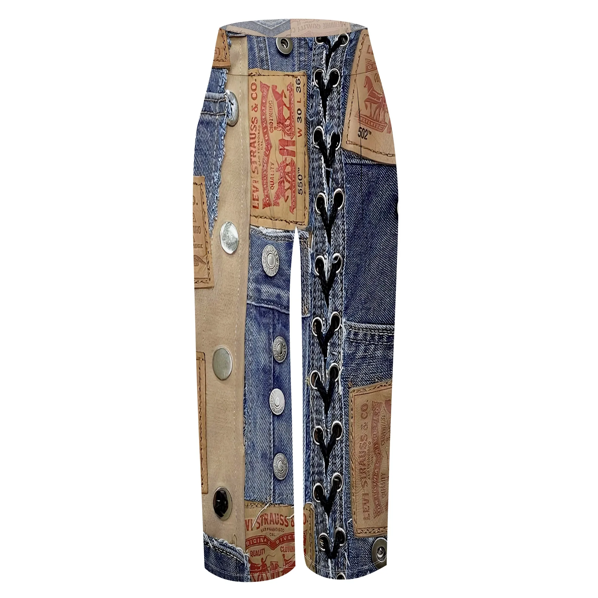 Faux Denim Printed High Waist Casual Personality Wide Leg Pants Faux Denim Printed High Waist Casual Personality Wide Leg Pants